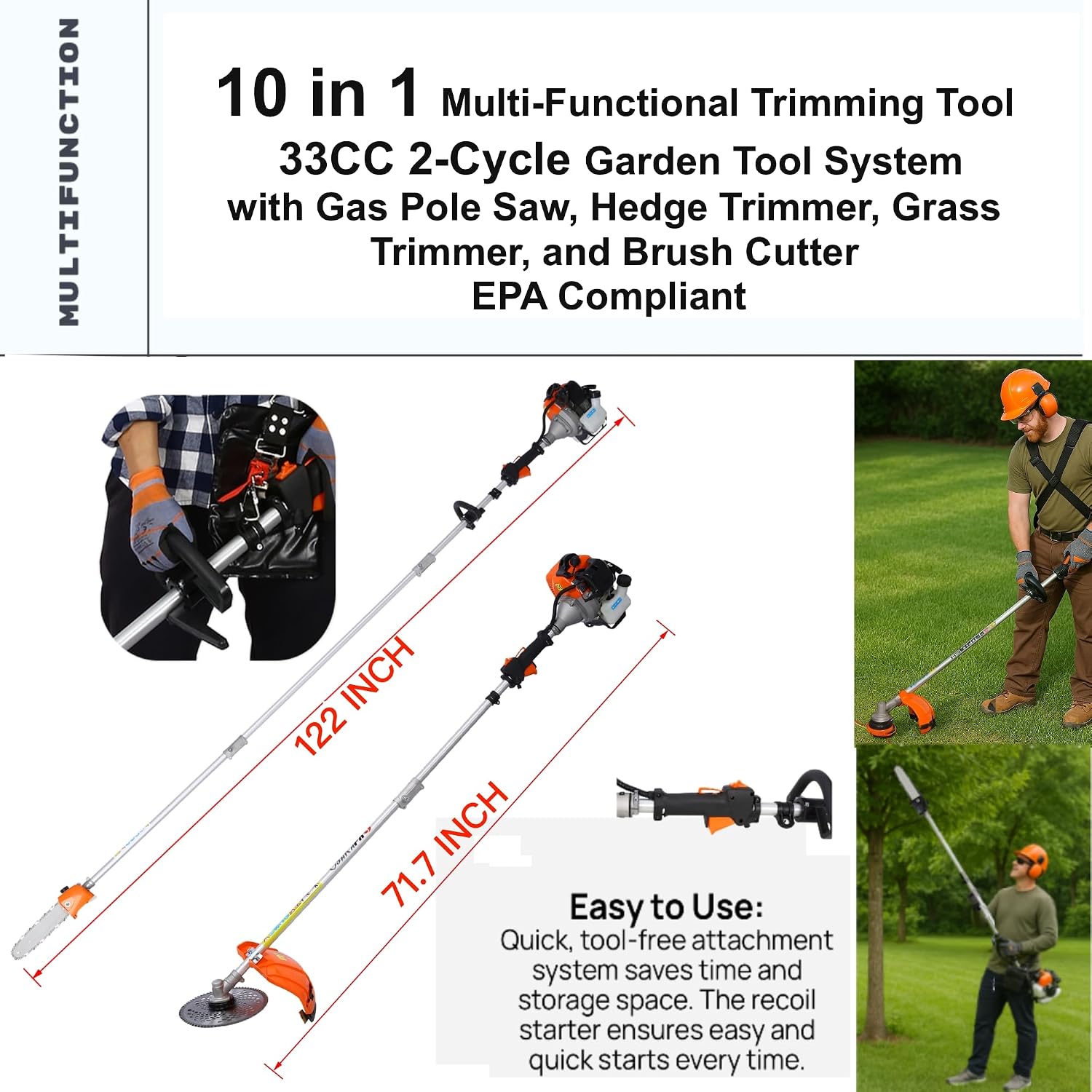 33cc 2-Cycle Gas Multi-Trimmer | 10-in-1 String Trimmer w/Rotatable 40' Pole Saw, Weed Eater Weed Wacker, Brush Cutter & Hedge Trimmer Gas for Lawn, Yard, Garden Care, All-in-one Garden Tool