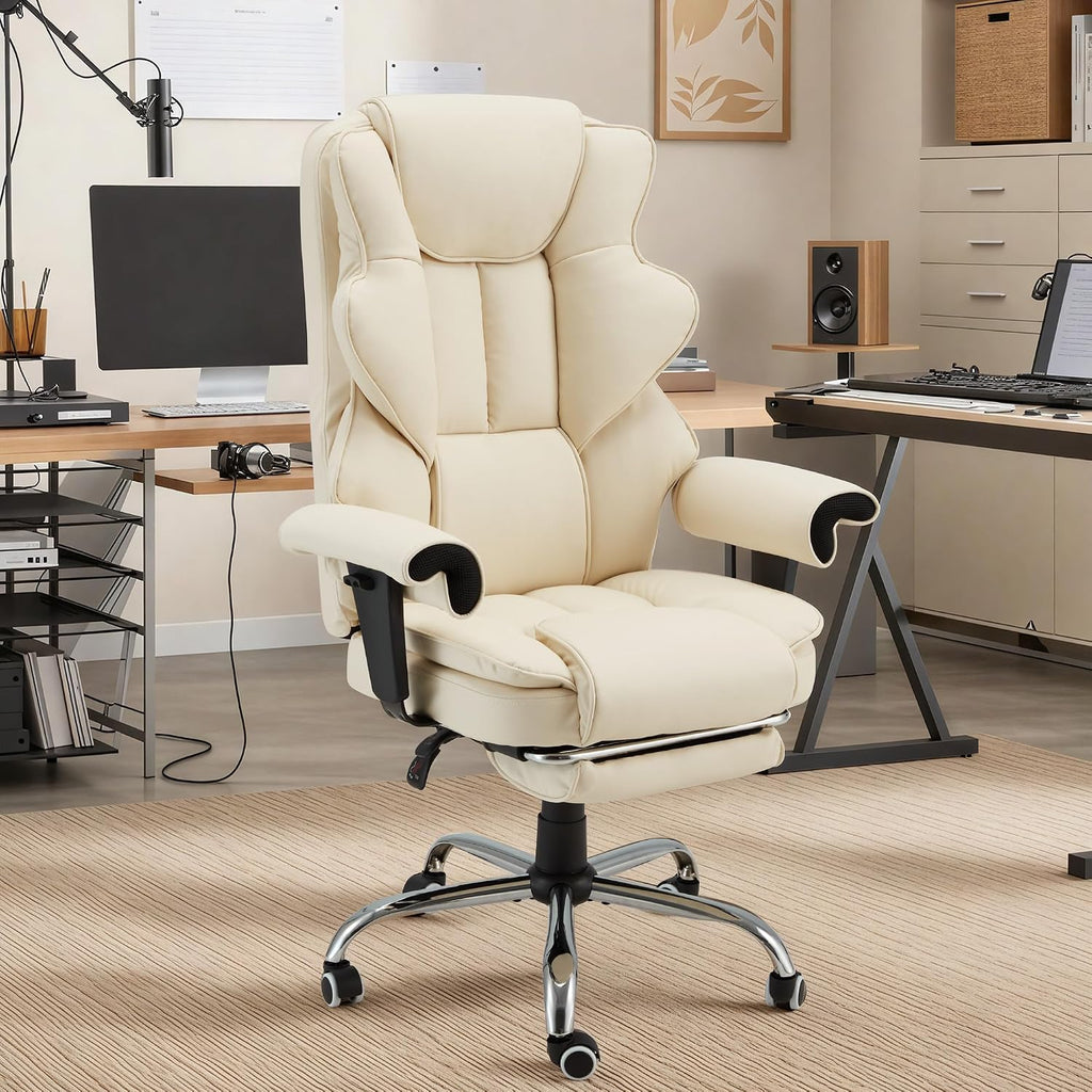 HOMREST Ergonomic Executive Office Chair, 6-Point Massage Manager Chair with Heating Function, Adjustable Backrest Home Office Chair with Adjustable Footrest and Armrests (Beige)