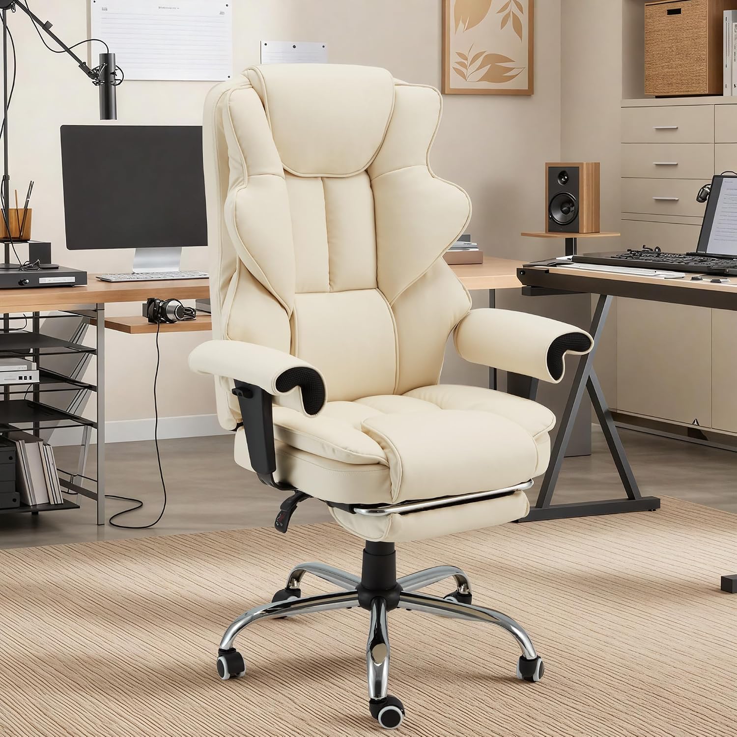 HOMREST Ergonomic Executive Office Chair, 6-Point Massage Manager Chair with Heating Function, Adjustable Backrest Home Office Chair with Adjustable Footrest and Armrests (Beige)