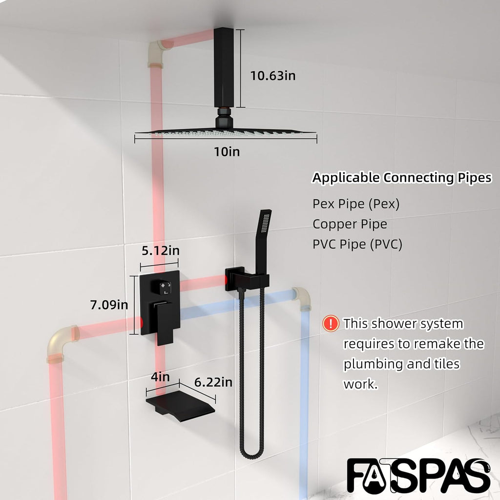 Ceiling Mount Shower System with Tub Spout, 10-Inch High-Pressure Rain Showerhead and Handheld Combo, Matte Black Shower Faucet Set with Rough-in Valve and Trim Kit, All-Metal