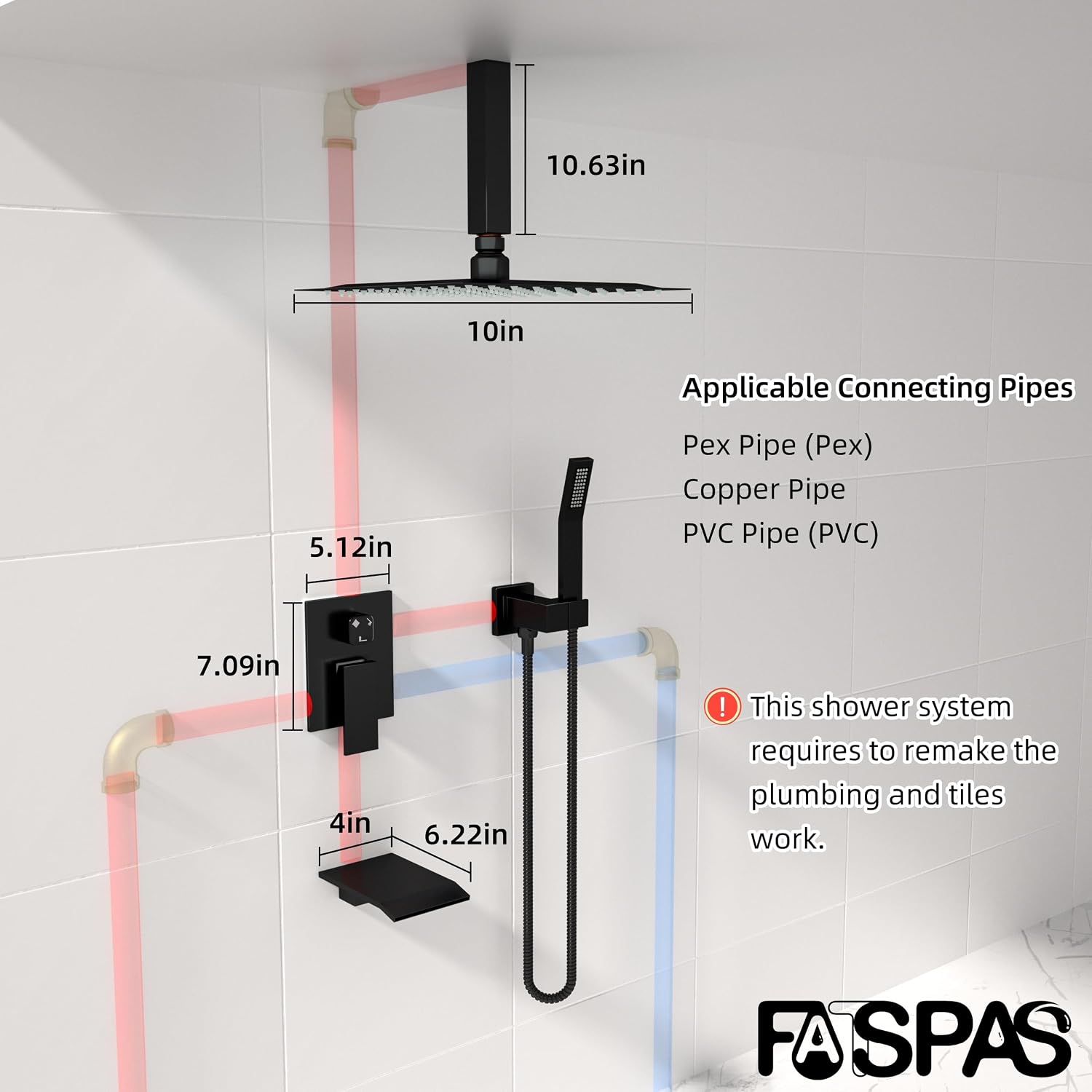Ceiling Mount Shower System with Tub Spout, 10-Inch High-Pressure Rain Showerhead and Handheld Combo, Matte Black Shower Faucet Set with Rough-in Valve and Trim Kit, All-Metal