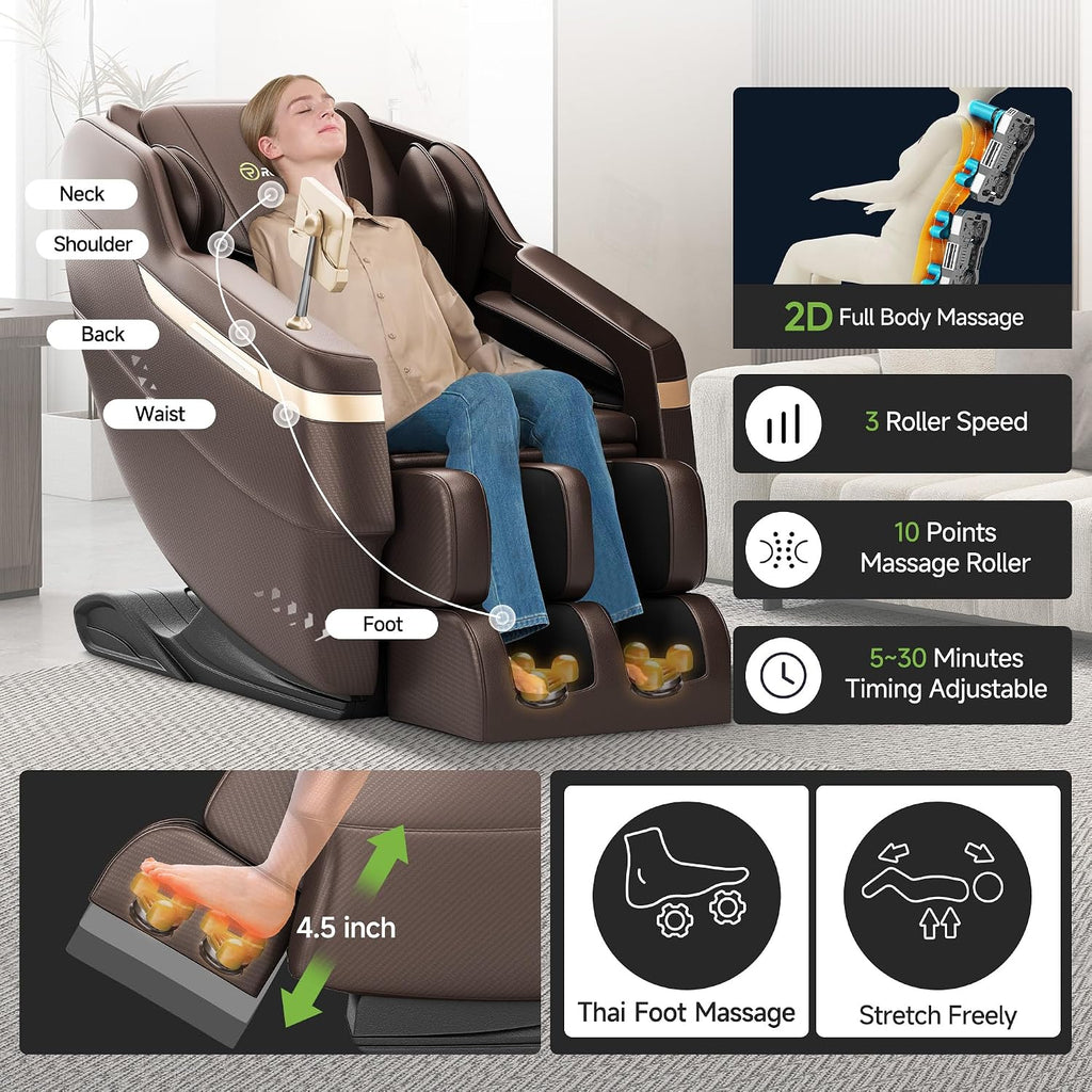 Real Relax 2025 Full Body Massage Chair, Zero Gravity Shiatsu Massage Chair Recliner, Foot Massage, Bluetooth, Large Control Screen (Brown and Gold)