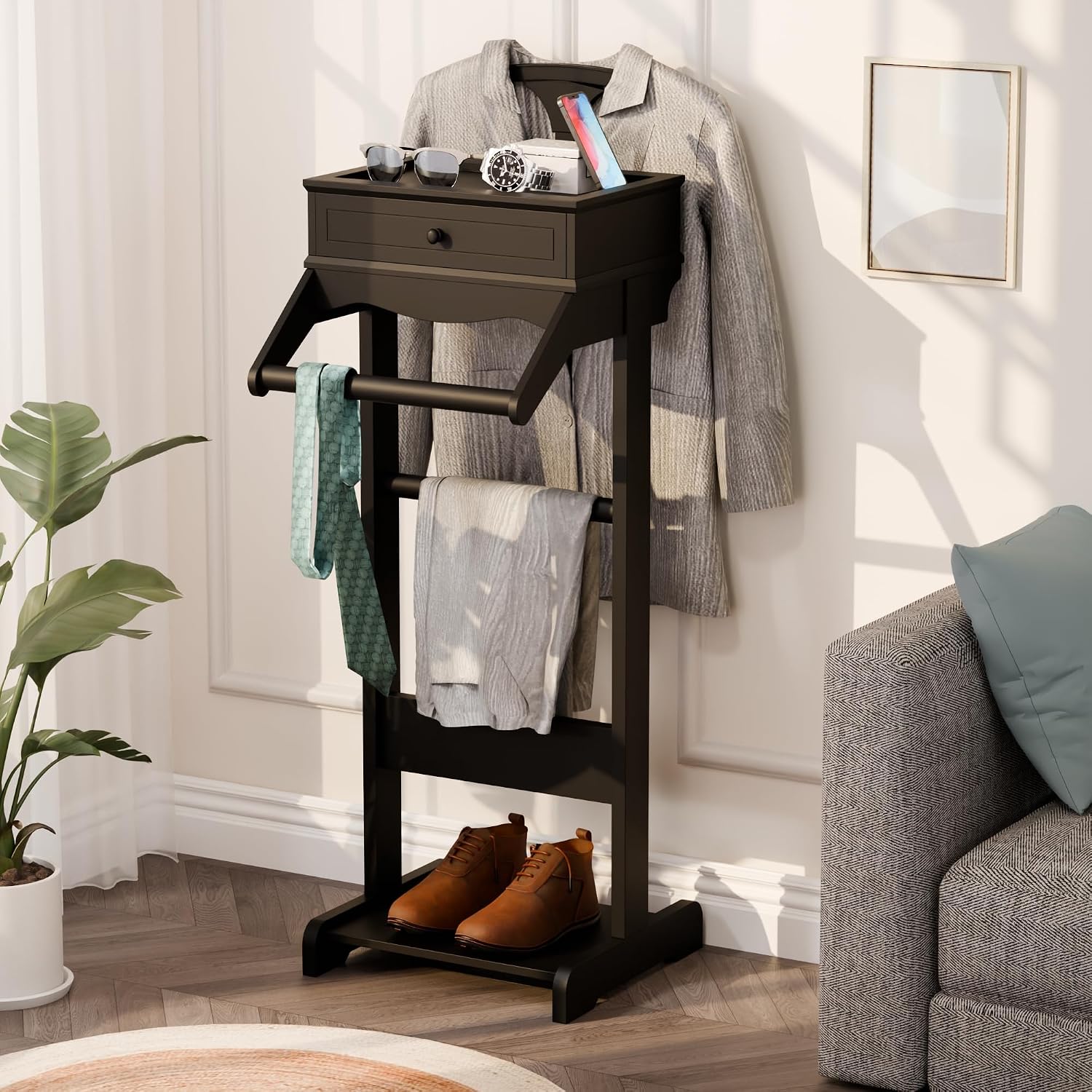 Mens Valet Stand with Drawer, Top Tray, Shoe Shelf and Suit Rack, Wooden Clothes Valet Stand for Bedroom Entryway
