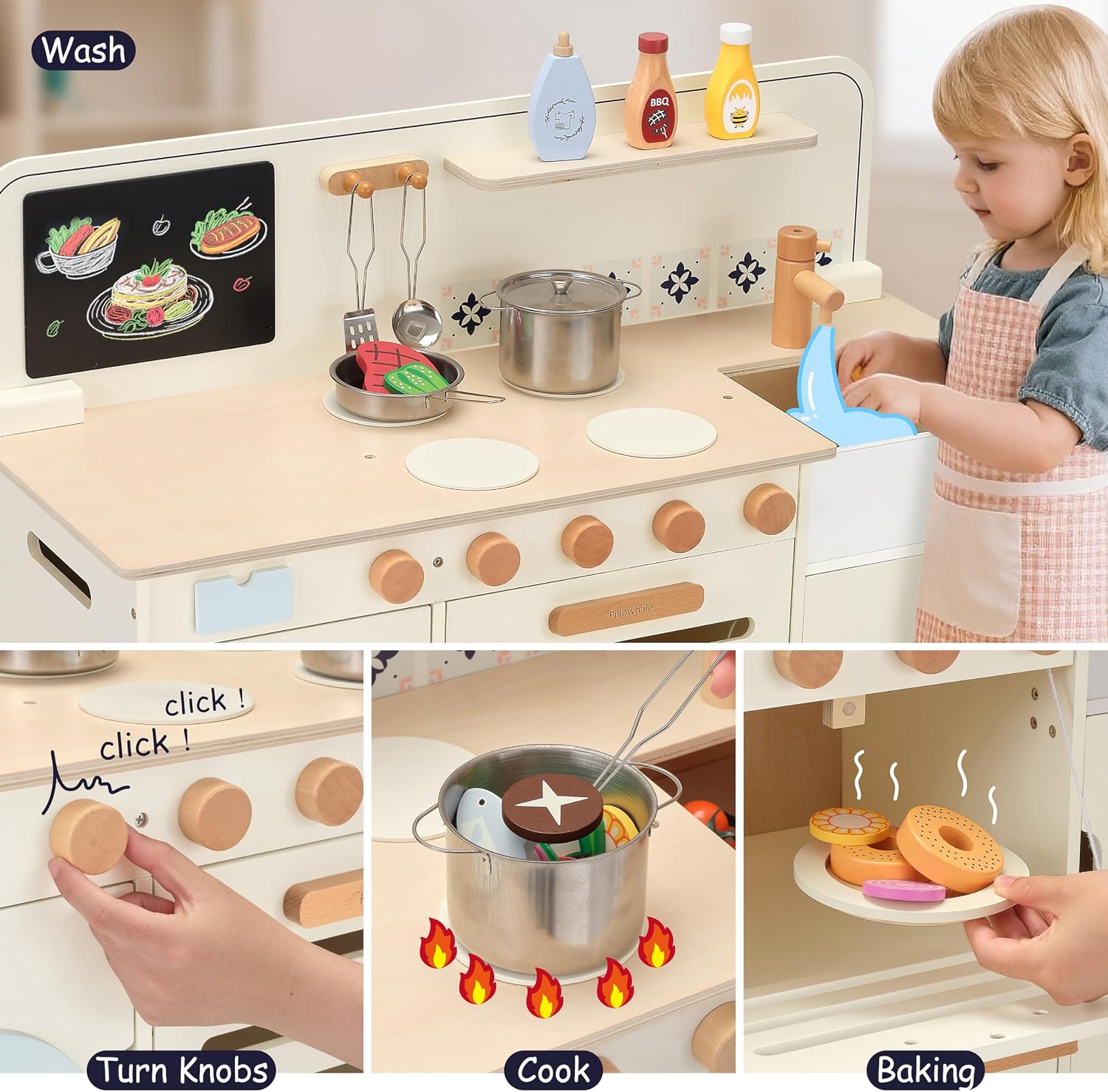 Pillowhale Wooden Play Kitchen with Washer – Large Interactive Toy Kitchen Set for Kids 3+ – Montessori Pretend Play Center with Metal Cookware & Chalkboard – Gift for Boys Girls