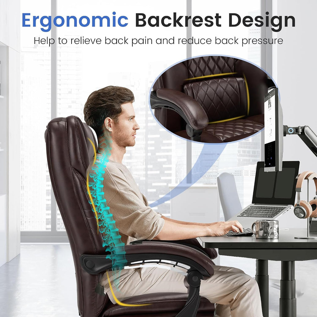 HOMREST 6-Point Massage Office Chair with Heat, 500lbs Big and Tall Executive Chair, Ergonomic Reclining Desk Chair with Footrest & Lumbar Support, Adjustable Armrest, PU Leather (Brown)