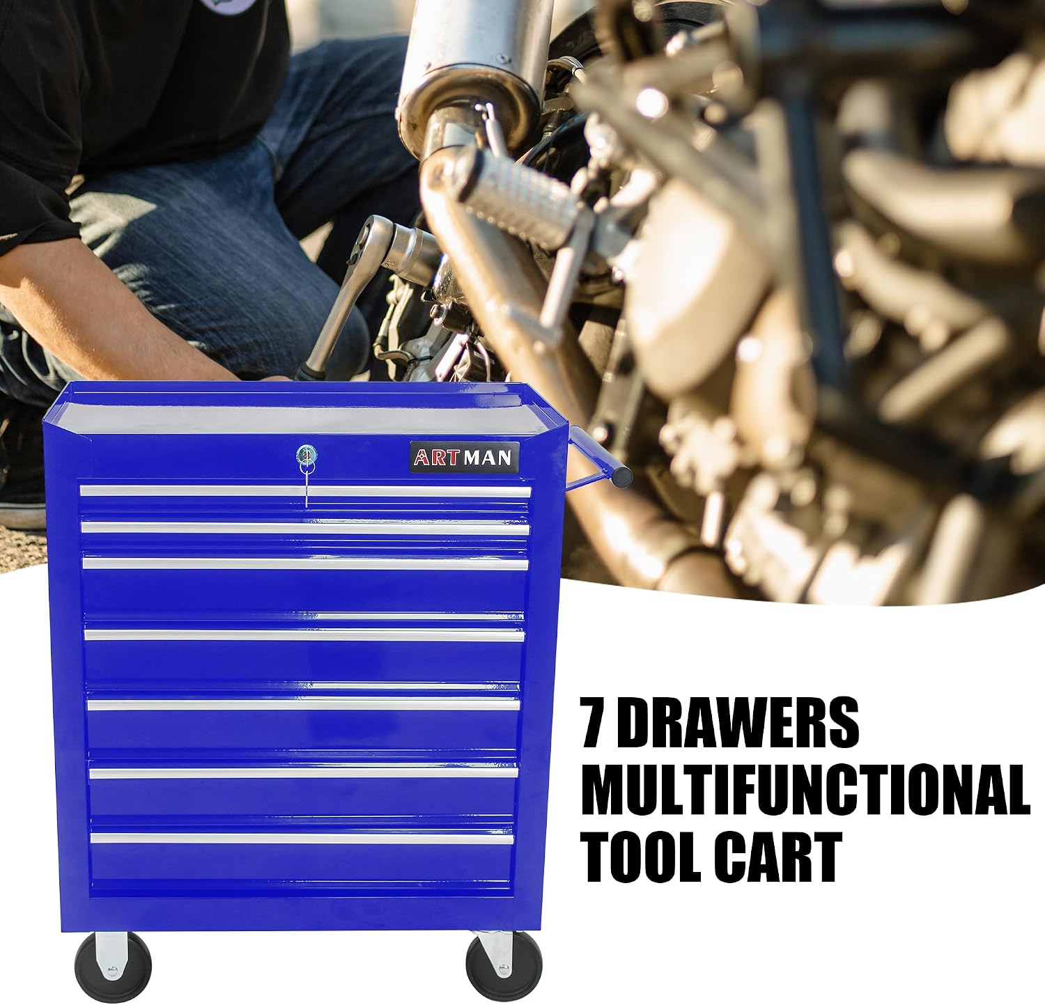 7-Drawers Multifunctional Tool Boxes on Wheels, Lockable 4' Casters Tool Cart Cabinet, Powder-coated Steel Rolling Tool Chest with Key for Garage, Warehouse, Repair Shop, 231LBS Capacity - Blue