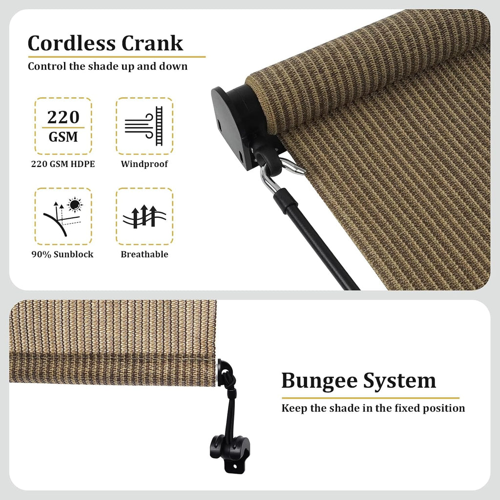 Shade&Beyond Patio Shades Roll Up Outdoor 9' W x 8' H, Cordless Roller Shade Blinds with 90% UV Protection, Exterior Sunshade Cloth Roll for Pergola Porch Gazebo Balcony, Coffee Brown