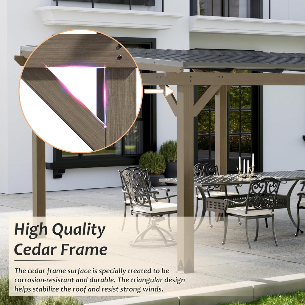 12x20FT Wall Mounted Gazebo Ceder Wood Lean to Gazebo with Sloping Roof Outdoor Hardtop Pergola Awnings with Galvanized Steel Roof for Patio, Deck, Backyard