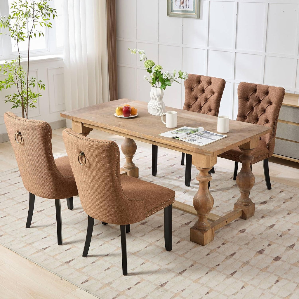 Ball & Cast Contemporary Upholstered Dining Chairs Set of 2, Flax Button Tufted Kitchen Side-Chairs with Hang Ring & Nailhead Trims & Wood Legs, 2-Piece Backrest Traditional Chair, Black+Coffee