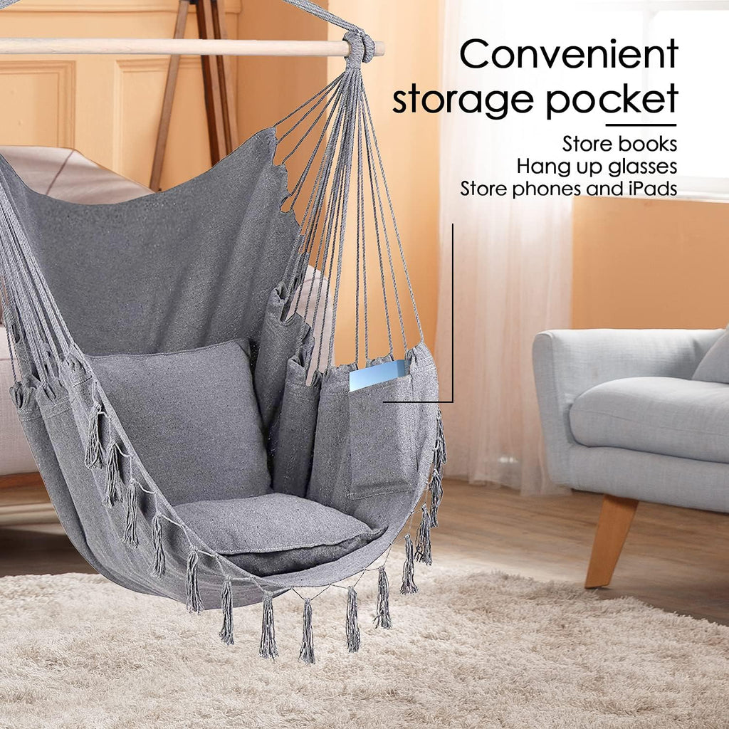 ZLX Hammock Chair Hanging Rope Swing with Hardware Kit and 2 Cushions, Handmade Macrame Hanging Chair for Bedroom Patio Yard Garden, Max 330 Lbs, Grey