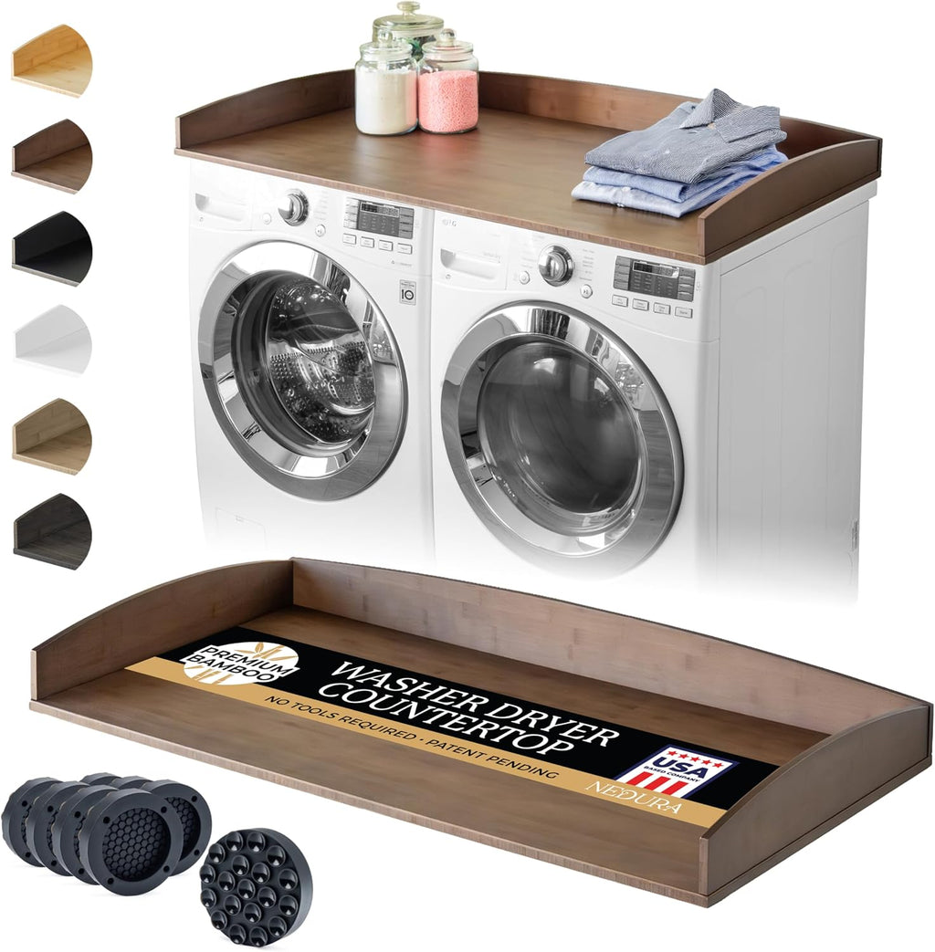 Nedura Washer Dryer Countertop with Anti-Vibration Pads, Curved Edge Rails, Premium Bamboo Laundry Countertop, Washer Dryer Topper, Laundry Room Organization, Laundry Room Accessory – Dark Walnut