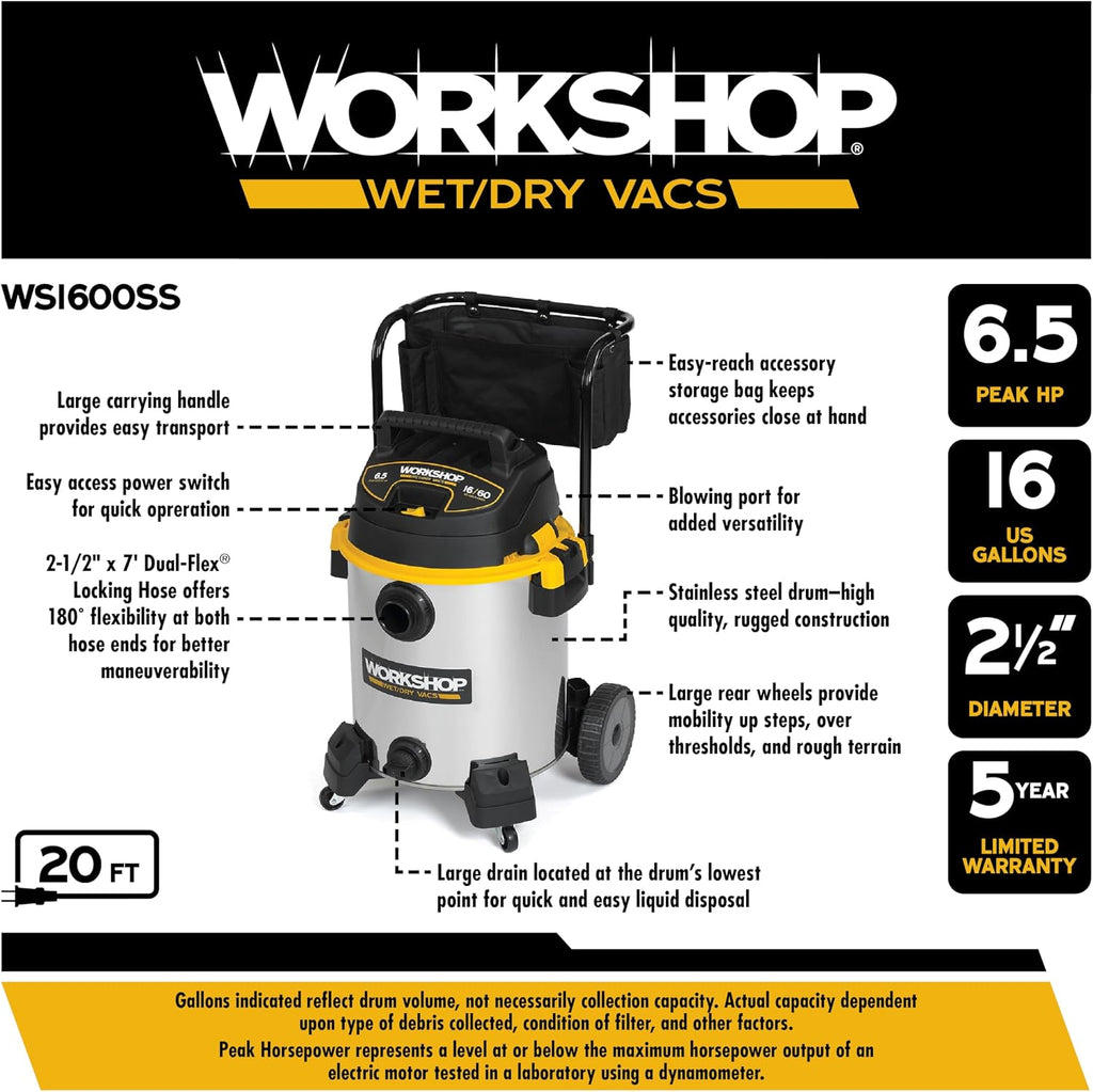 WORKSHOP Wet/Dry Vacs Shop Vacuum WS1600SS 16-Gallon 6.5 Peak HP Stainless Steel Wet Dry Vacuum Cleaner with Filter, Dust Bag, Hose, Attachments and Cart for Heavy Duty Professional Cleaning
