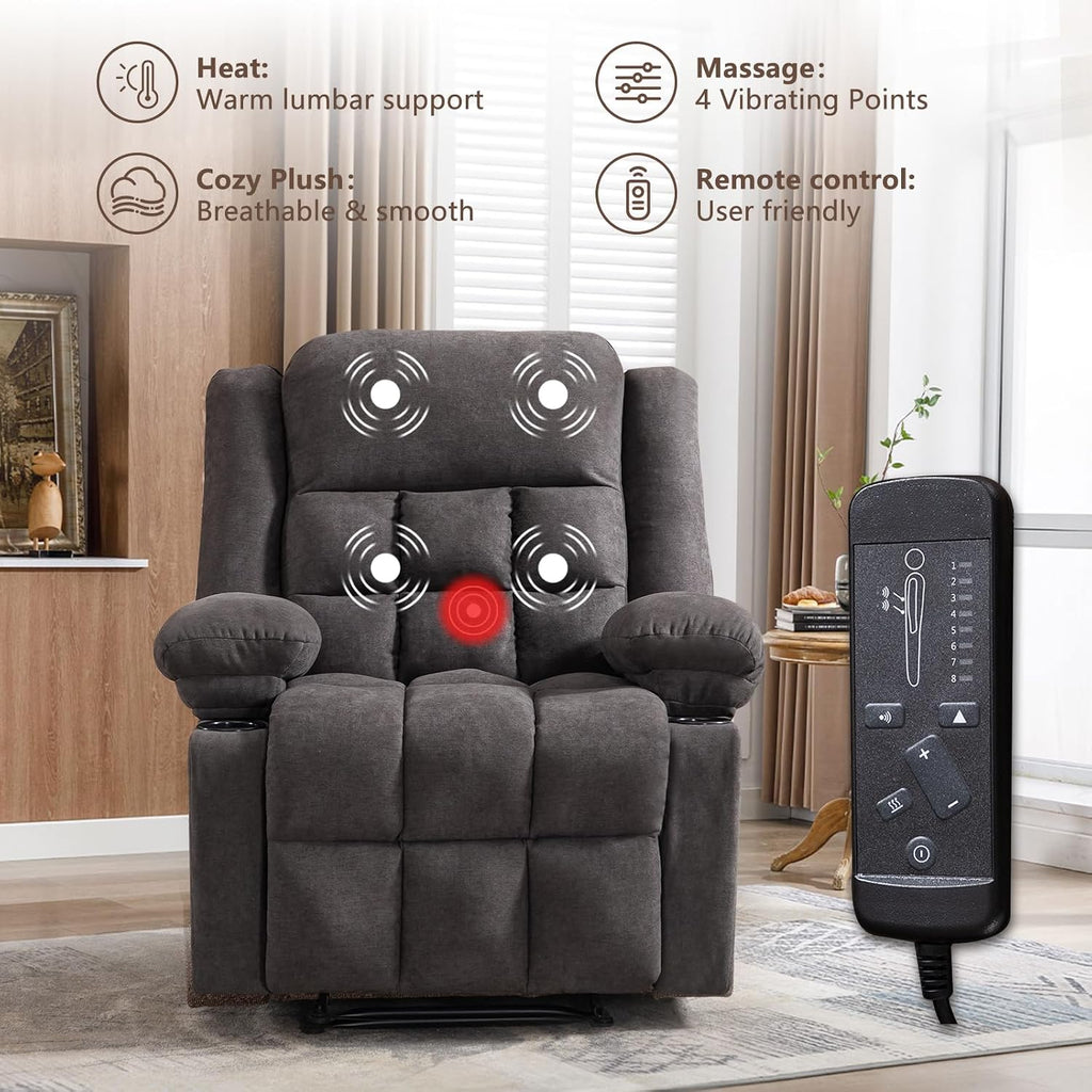 EBELLO Manual Recliner Chair for Adults with Vibration Massage and Lumbar Heating, Soft Fabric Recliner Single Sofa with Side Pocket and Two Cup Holders for Living Room, Set of Grey