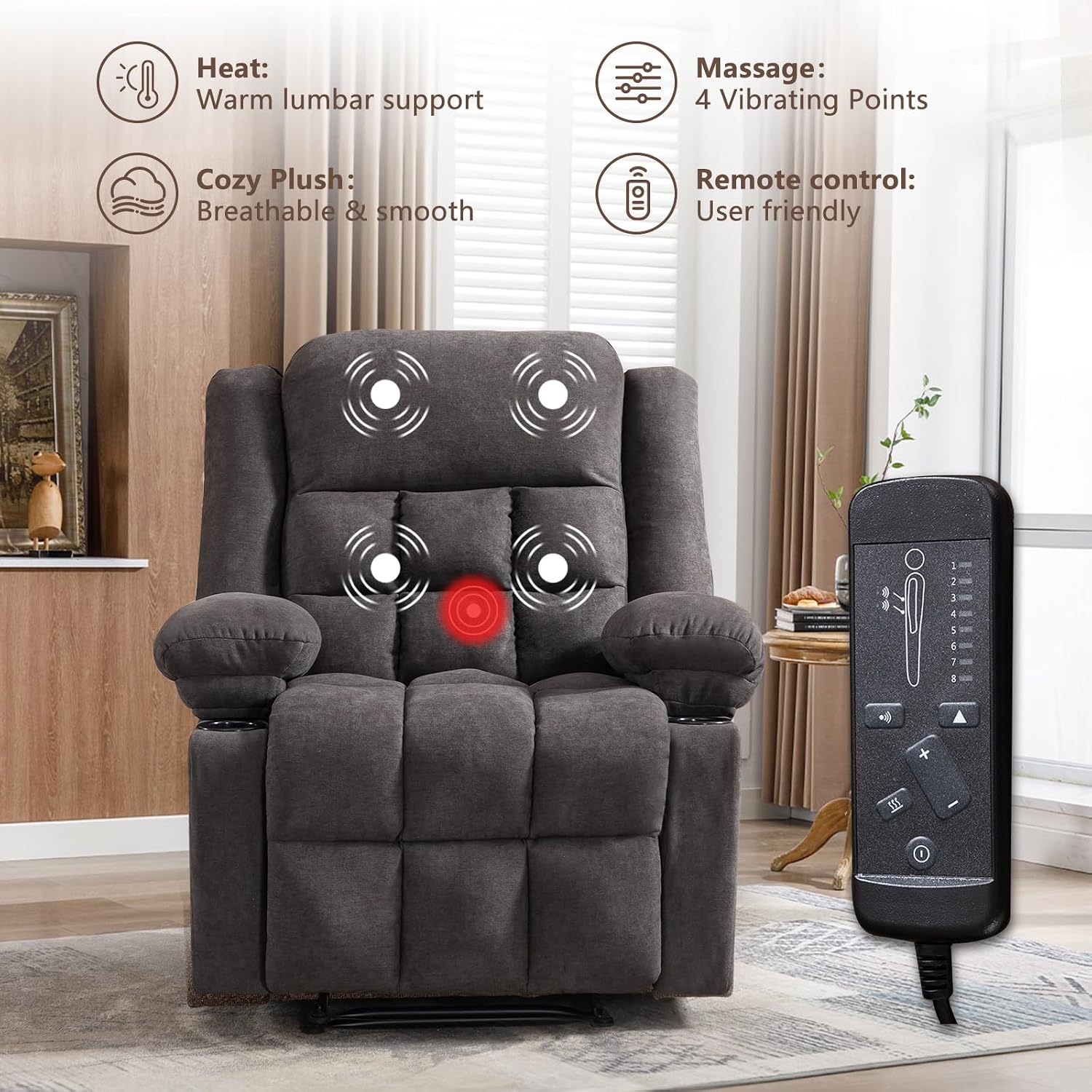 EBELLO Manual Recliner Chair for Adults with Vibration Massage and Lumbar Heating, Soft Fabric Recliner Single Sofa with Side Pocket and Two Cup Holders for Living Room, Grey