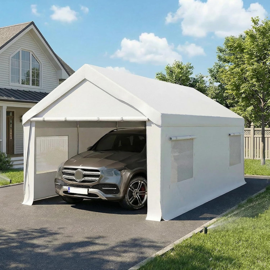 Bezseller 12x20 FT Heavy Duty Carport Canopy with Roll-Up Windows & Doors, Car Tent Portable Garage with All-Season Tarp for Cars, Boat, Trucks, White