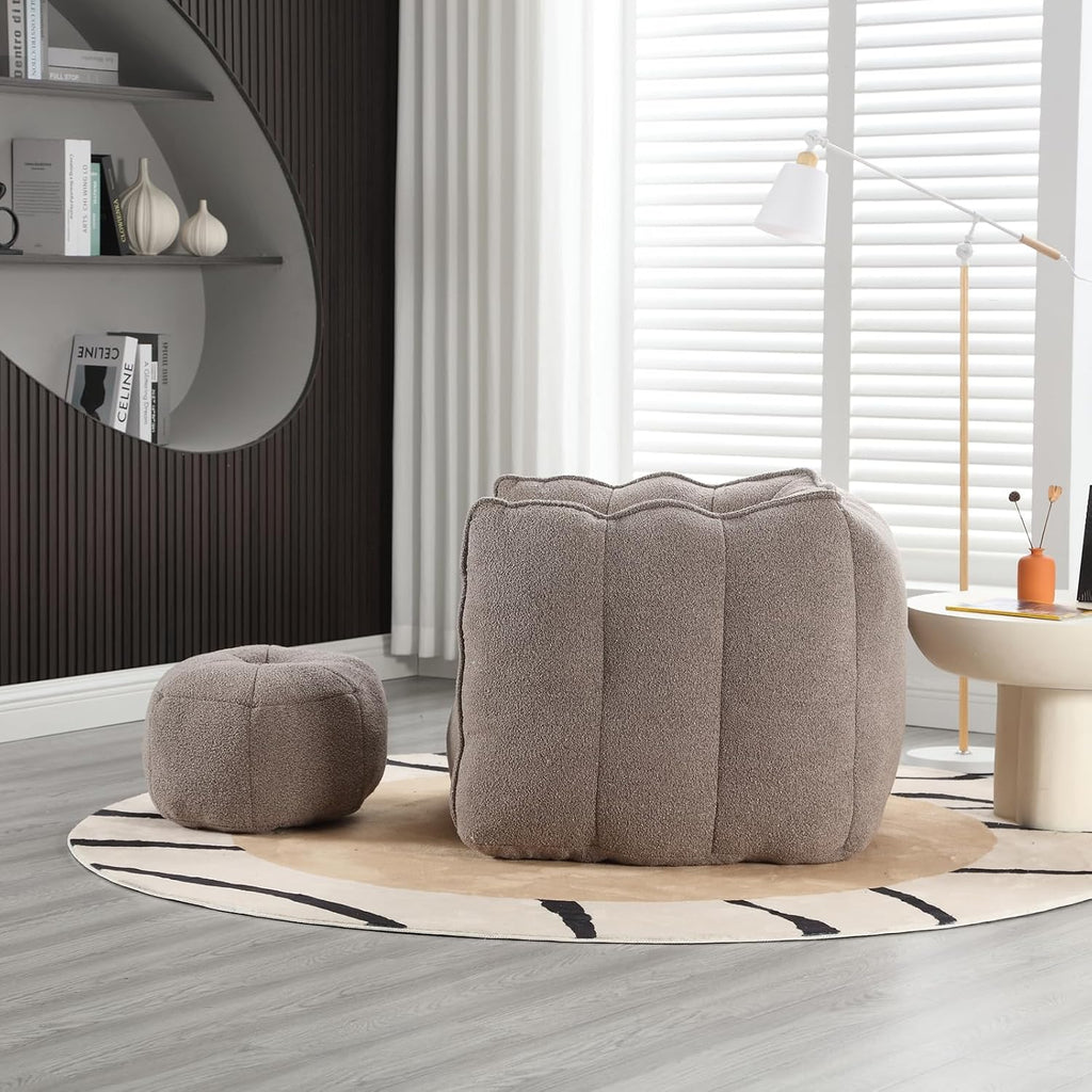 Giant Bean Bag Chair with Ottoman, Oversized Beanbag Chair for Adults, Comfy Floor Sofa Chair with Foam Filler, Pumpkin Lazy Lounger for Living Room, Game Room, Reading Corner, Chenille Taupe Brown