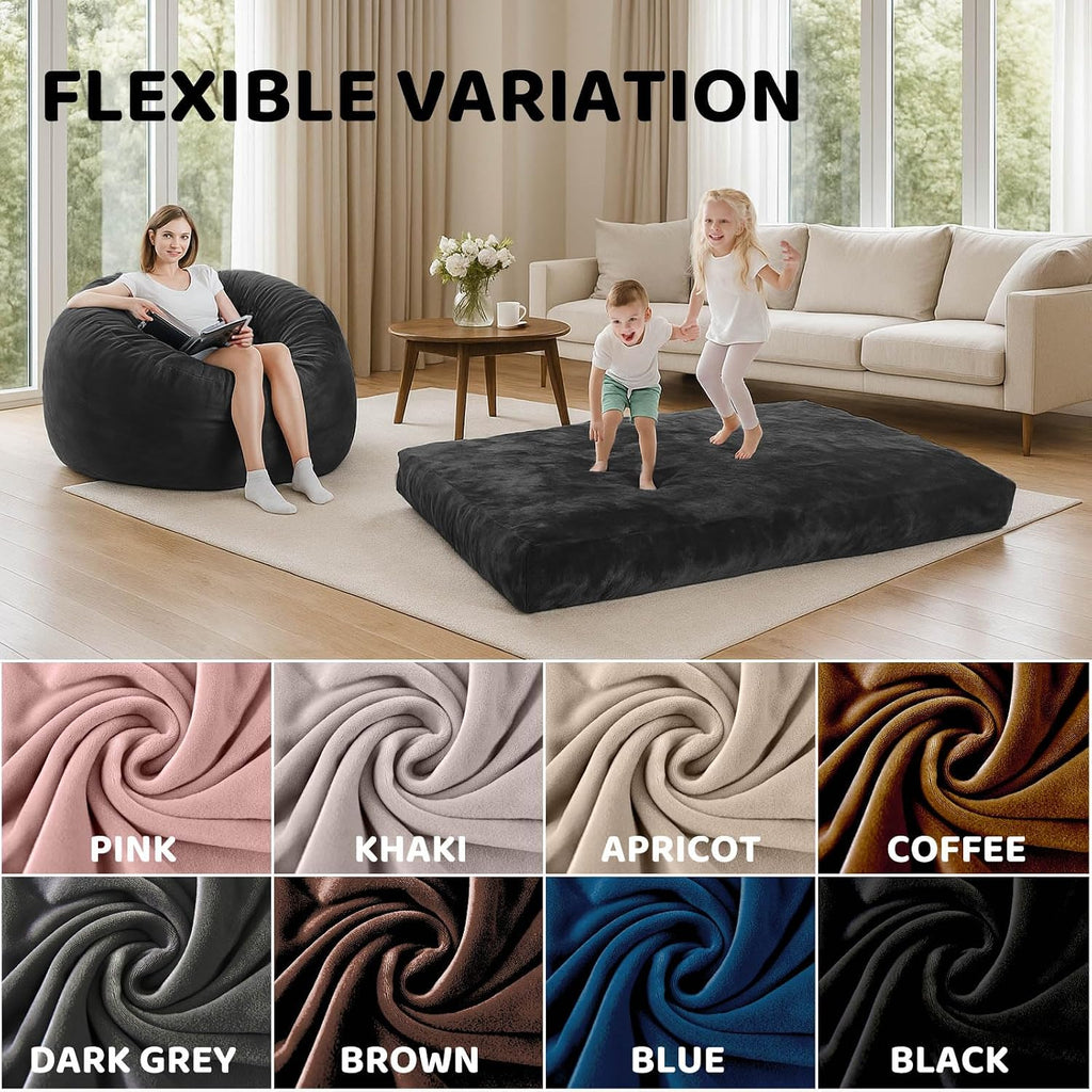 Adult Bean Bag Chair Bed, Bean Bag Sofa with Filling, Memory Foam, Comfortable Floor Sofa Bed, Boneless Floor Chair, Suitable for Living Room Bedroom Dormitory Balcony Lounge (Black, Chair Bed)
