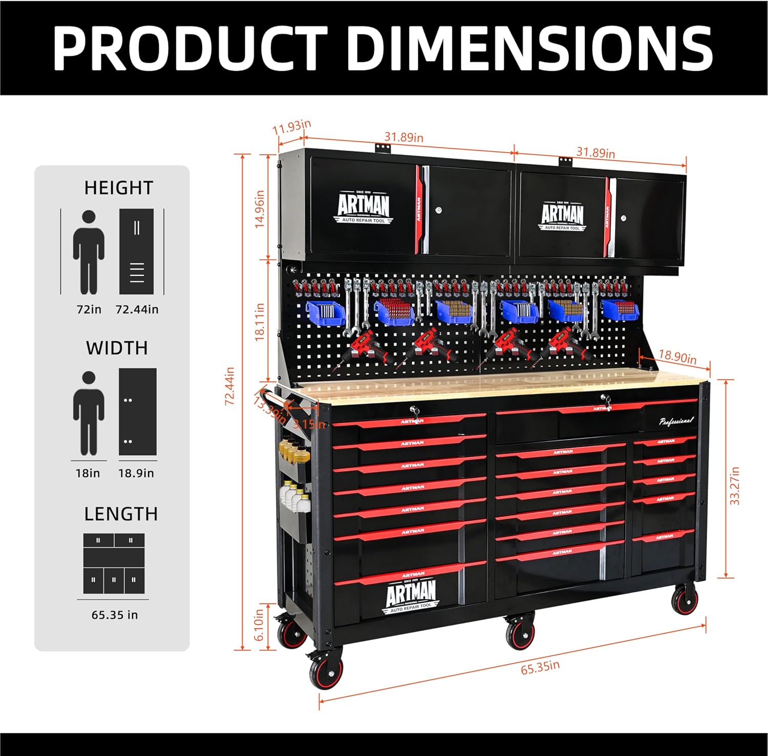72 Inch Tool Box, Rolling Tool Chest Workbench with 19-Drawers & Locking Cabinets, Heavy-Duty Mobile Workbench with Wood Top, Pro Garage Organization Cabinets & Storage System
