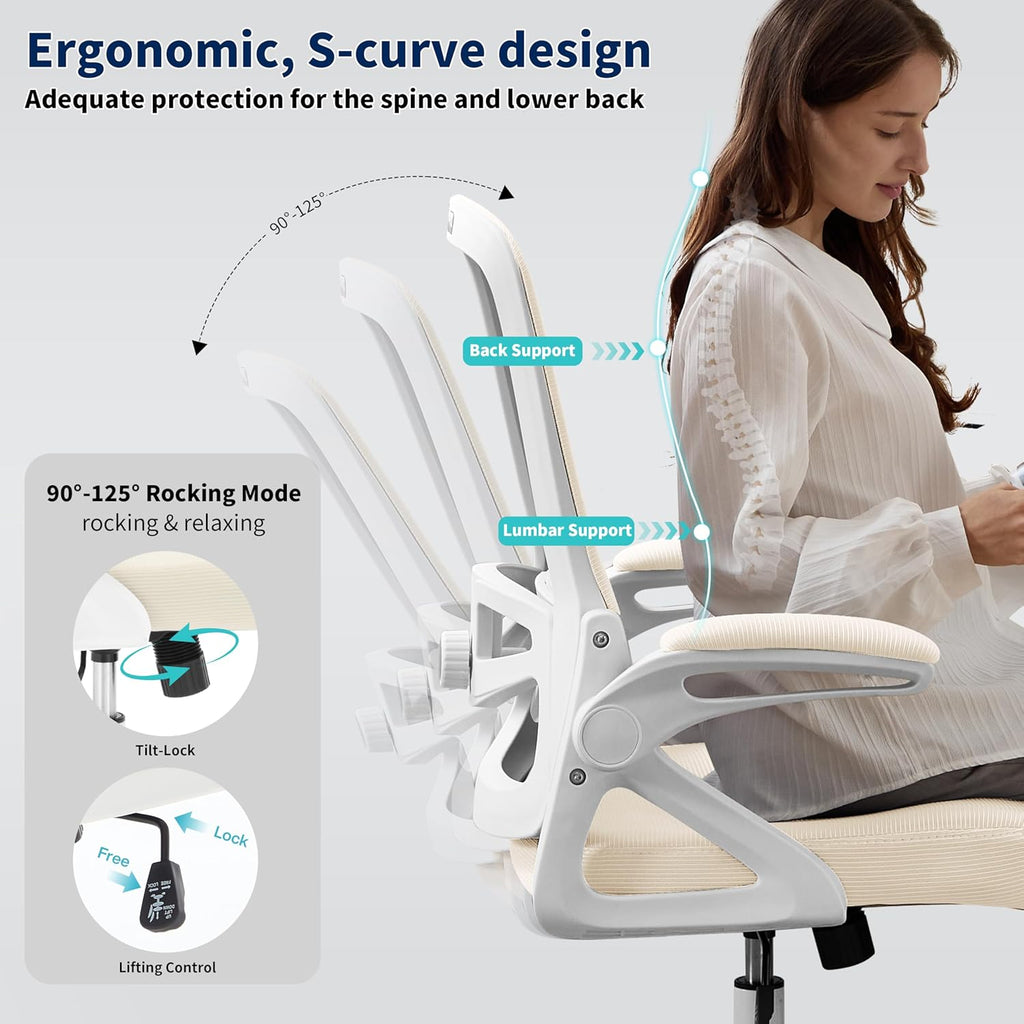 Ergonomic Office Chair, Desk Chair with Adjustable Lumbar Support, Breathable Mesh Comfy Computer Chairs with Flip-up Armrests Executive Task Chair for Adults Home Office (Buff Beige)