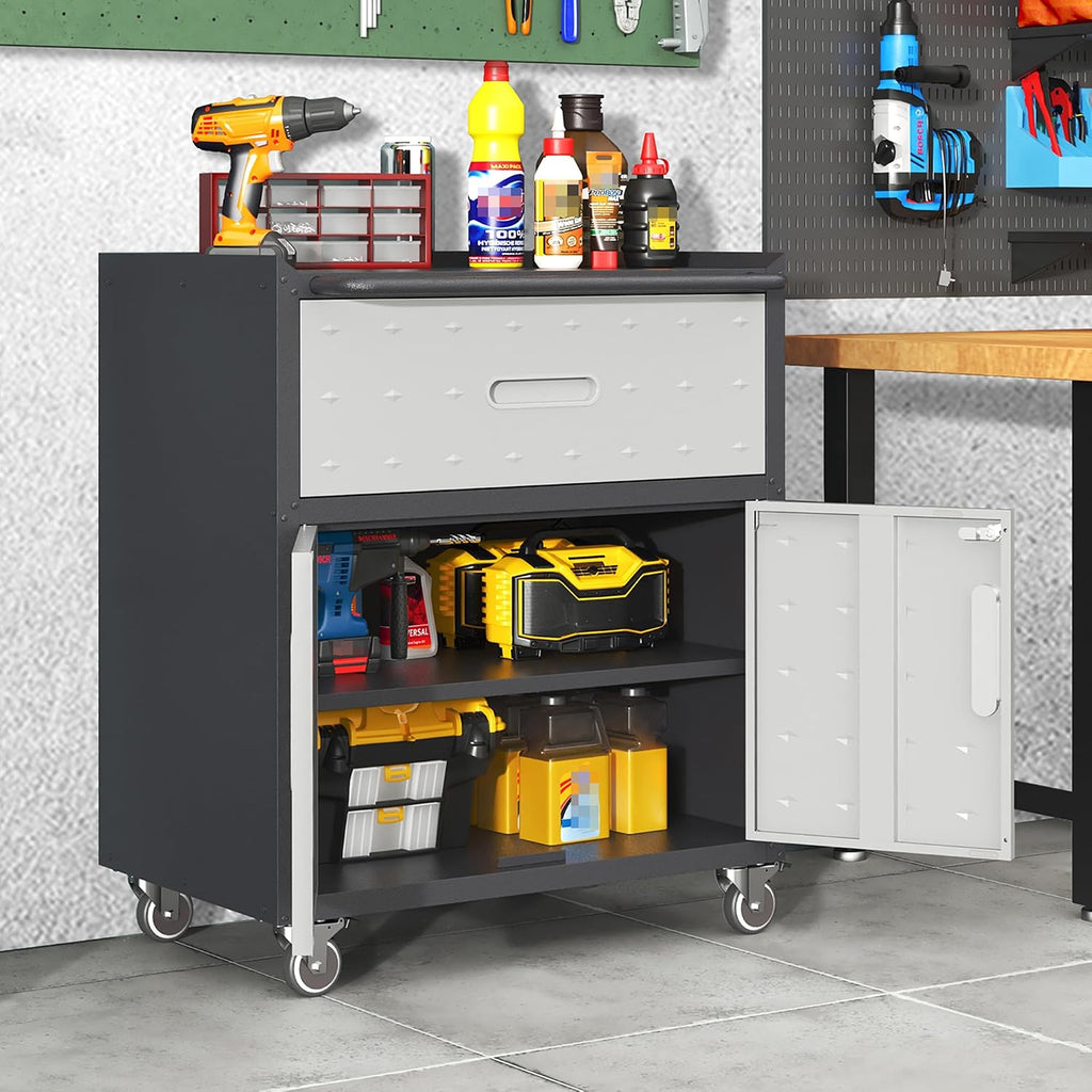 Garage Cabinets,Metal Garage Storage Cabinet with Wheels,Lockable Rolling Tool Cabinet with Drawer and Adjustable Shelves,Heavy Duty Tools Cabinet for Home Office Utility Room,Black/Grey