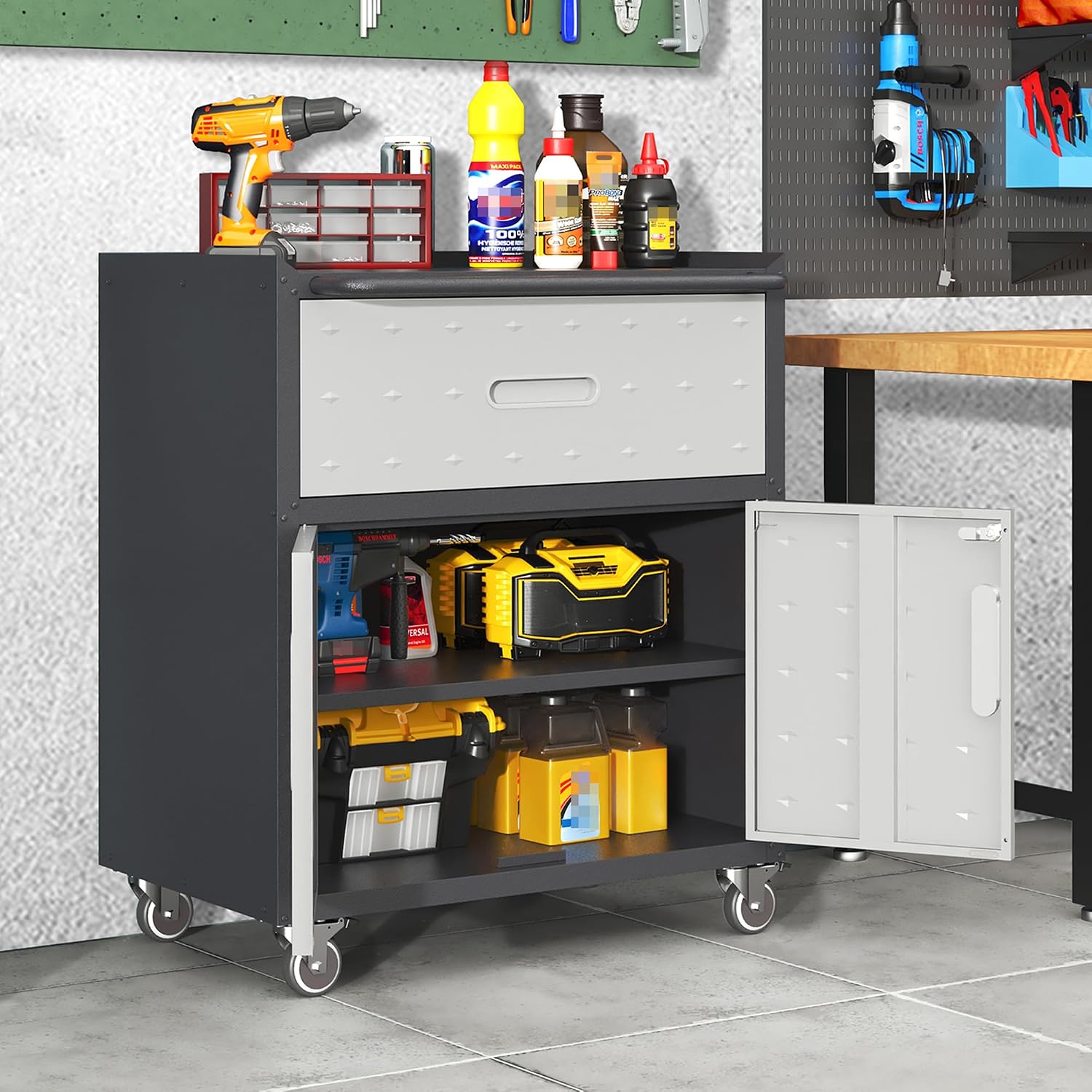 Garage Cabinets,Metal Garage Storage Cabinet with Wheels,Lockable Rolling Tool Cabinet with Drawer and Adjustable Shelves,Heavy Duty Tools Cabinet for Home Office Utility Room,Black/Grey