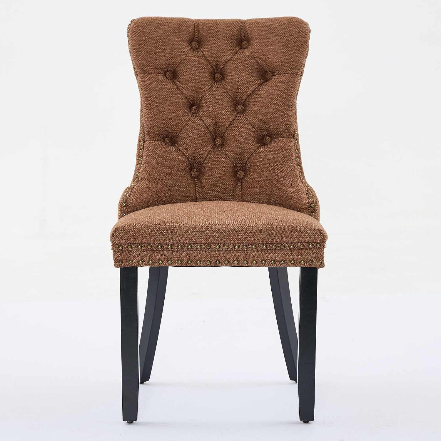 Ball & Cast Contemporary Upholstered Dining Chairs Set of 2, Flax Button Tufted Kitchen Side-Chairs with Hang Ring & Nailhead Trims & Wood Legs, 2-Piece Backrest Traditional Chair, Black+Coffee