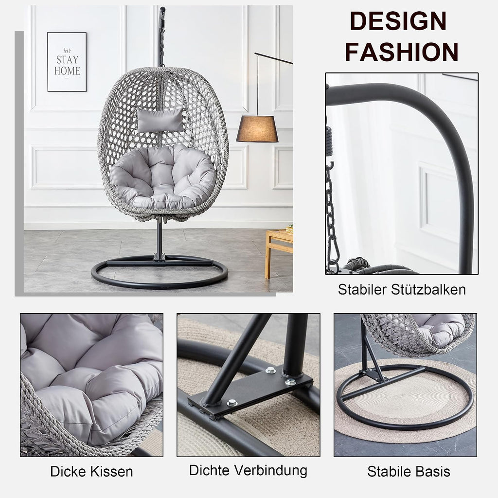 Swining Egg Chair with Stand,Wicker Rattan Hanging Egg Chairs, Patio Swing with UV Resistant Cushion, Outdoor Indoor Hanging with Foldable Basket Metal Stand for Bedroom (Grey-S)