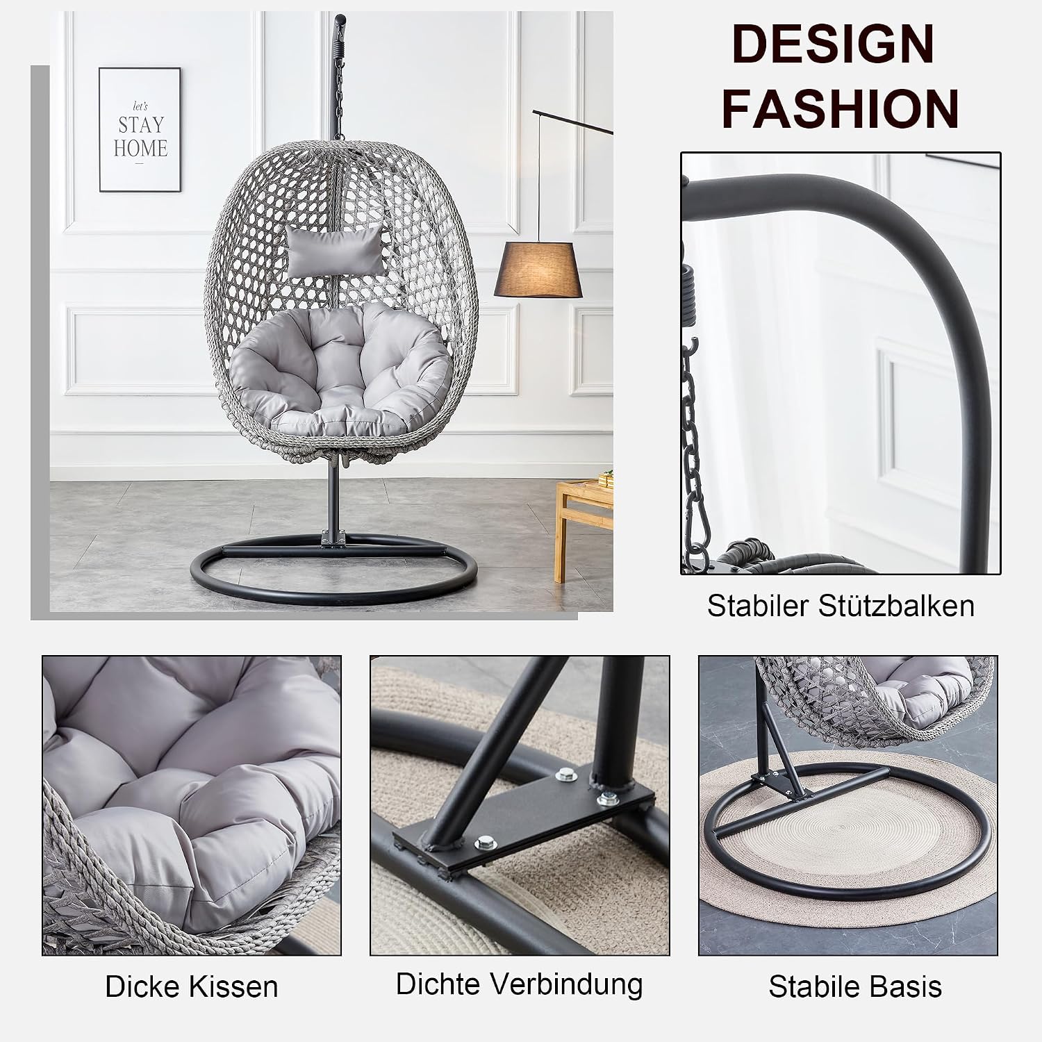 Swining Egg Chair with Stand,Wicker Rattan Hanging Egg Chairs, Patio Swing with UV Resistant Cushion, Outdoor Indoor Hanging with Foldable Basket Metal Stand for Bedroom (Grey-S)