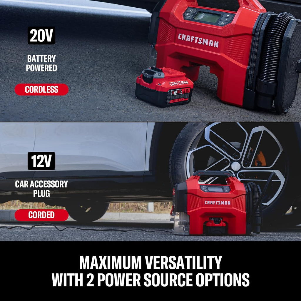CRAFTSMAN 3-in-1 Cordless Portable Tire Inflator 160 PSI Air Compressor, 4.0Ah Battery & 12V Charger, Car Vacuum, Dust Blower & LED Light for Car, Bike, Ball, Inflatable Mat & SUP