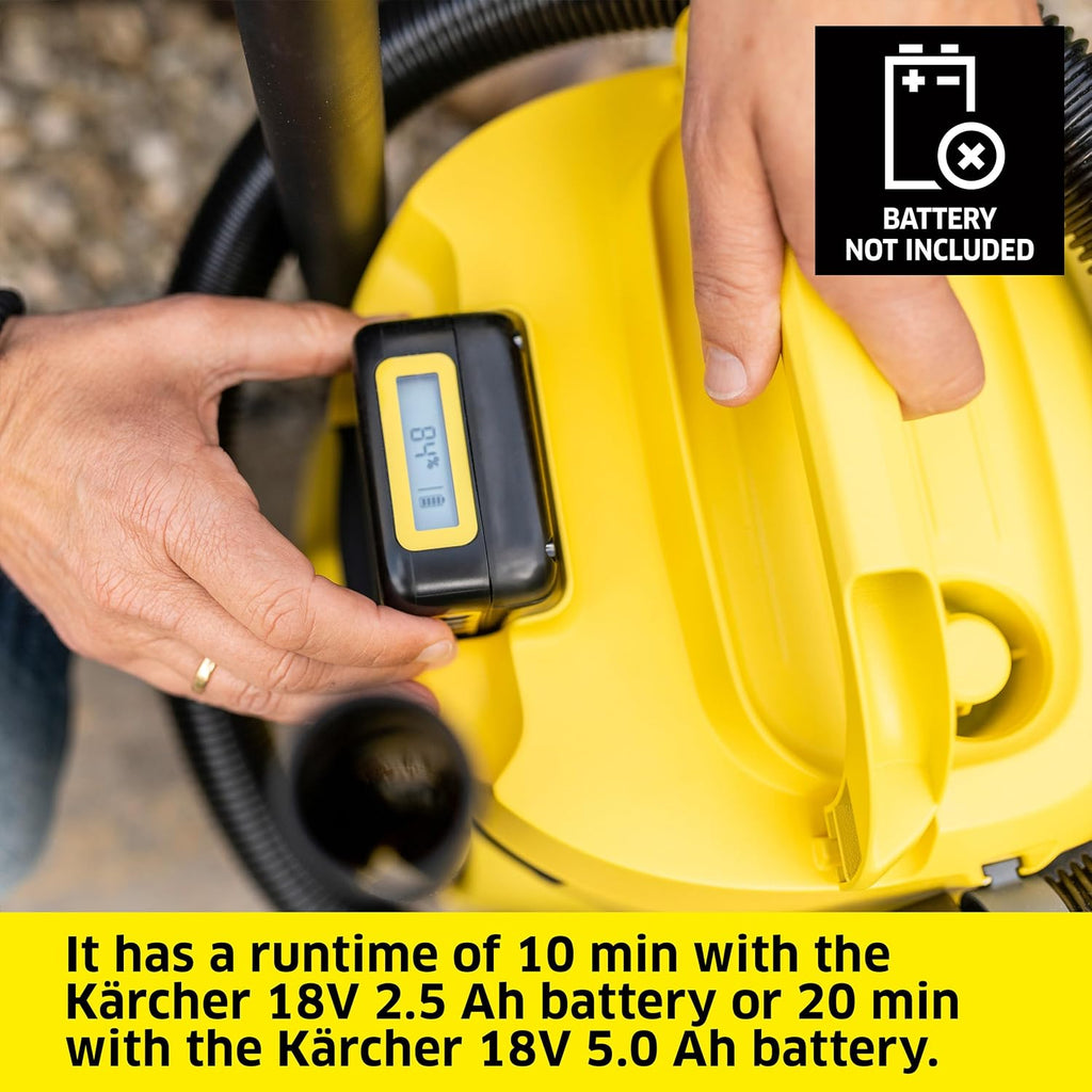 Kärcher WD 2-18 Battery Powered Wet Dry Shop Vacuum Cleaner with Blower Function & Attachements, Multi Purpose, 225 W- Cartridge Filter, Fleece Bag, Floor & Crevice Nozzle, 3.2 Gal - Tool Only