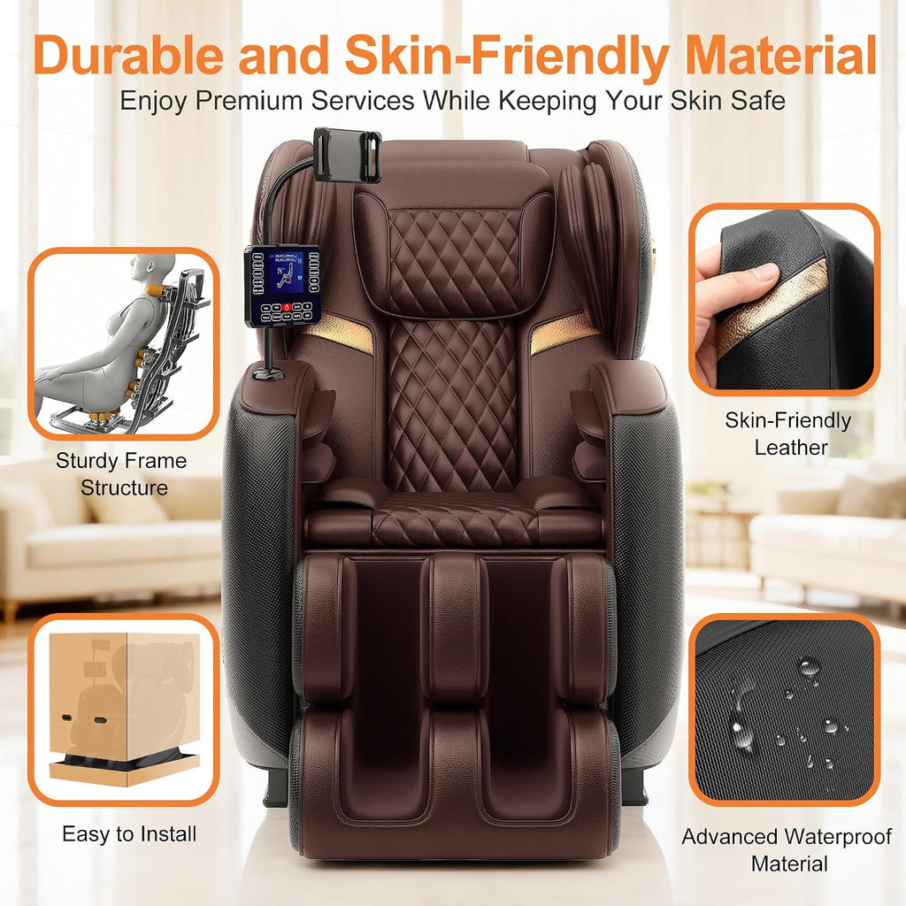 Massage Chair Full Body and Recliner, Zero Gravity Massage Chairs, 10 Fix Rollers, Airbags, Heating, Foot Massage, Auto Modes, Bluetooth Speaker and Touch Control Screen for Home and Office (Brown)
