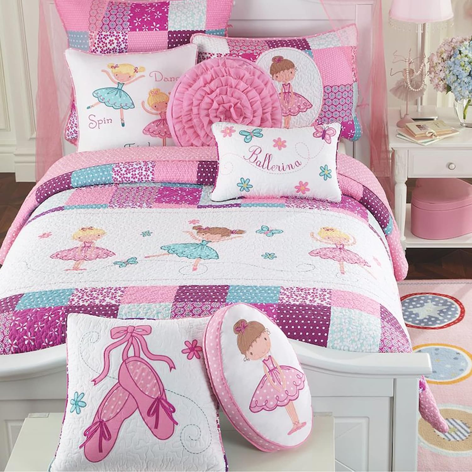 Cozy Line Home Fashions 100% Cotton Ballerina Dance Princess Girl Reversible Bedding Quilt Set, Bedspread Coverlet for All Seasons (Ballerina, Queen+Décor Pillows)