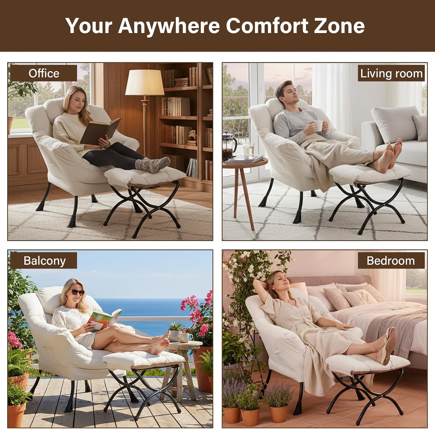 Welnow Lazy Chair with Ottoman, Modern Accent Chair with Armrests and a Side Pocket, Leisure Sofa Armchair, Reading Armchair with Footrest for Small Space, Beige