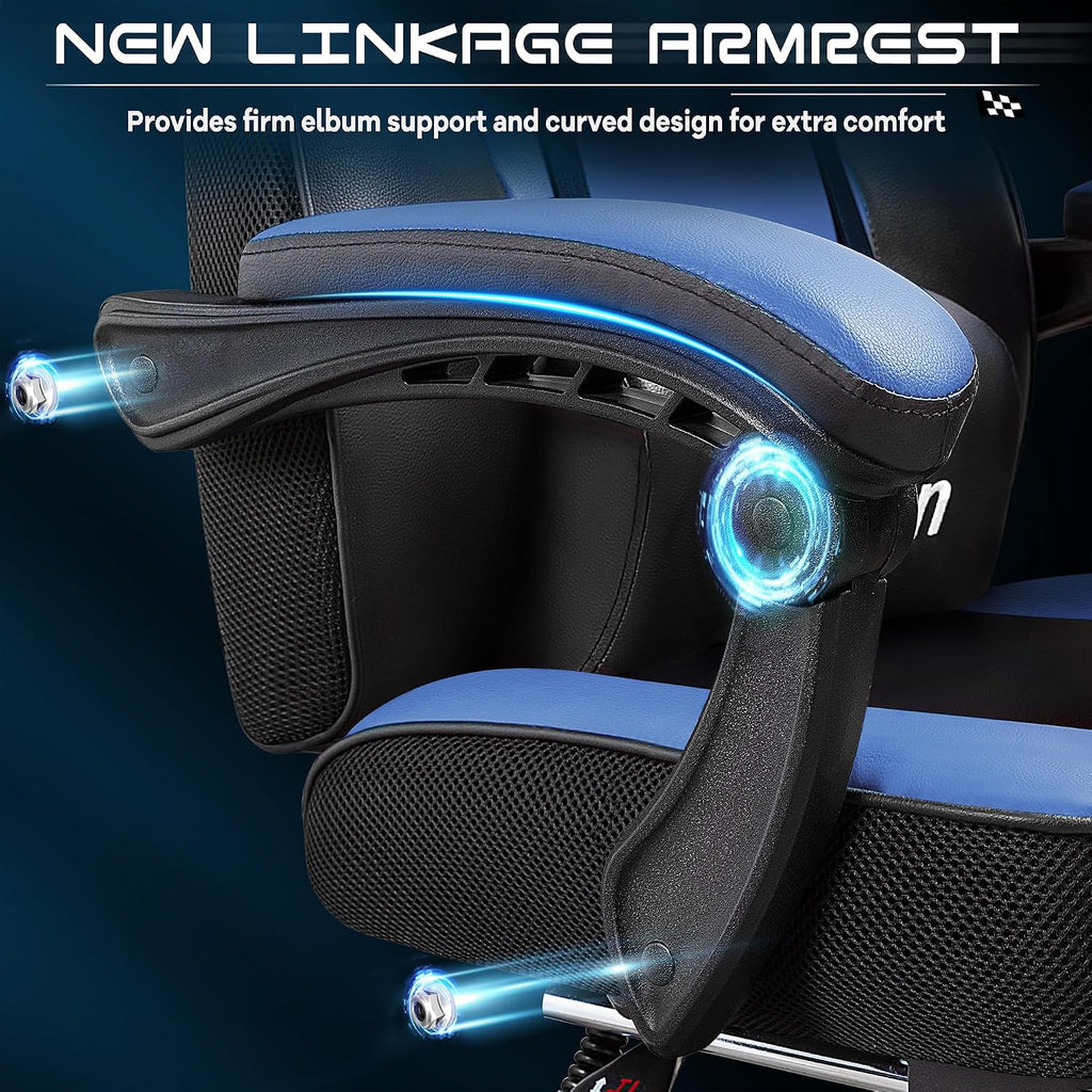 Gaming Chair with Footrest, Video Game Chair for Adults Ergonomic Big and Tall Computer Chair with Massage Lumbar, Height Adjustable, 360° Swivel Seat and Headrest (Blue)