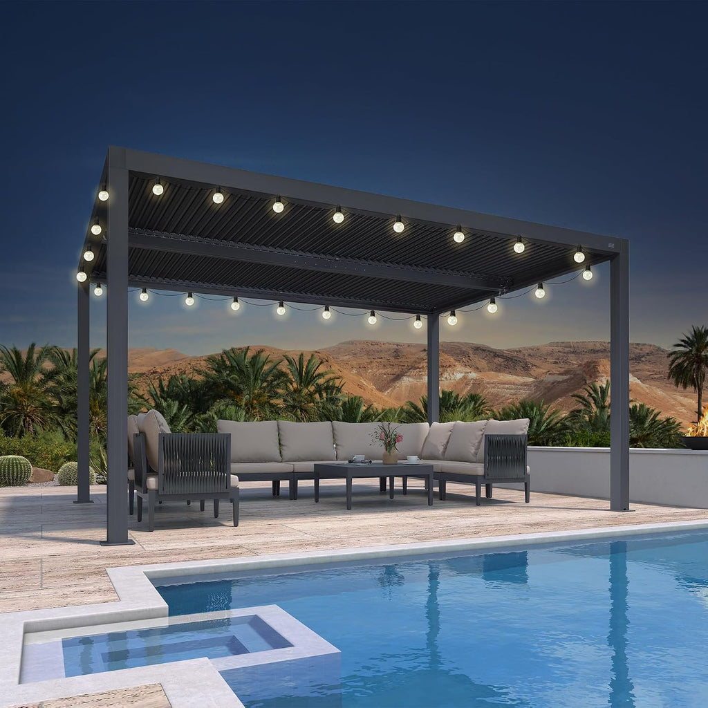 PURPLE LEAF Louvered Pergola 94AS 10' x 14' Outdoor Aluminum Pergola with Two Independently Adjustable Roof with 24 Light Bulbs for Backyard Garden