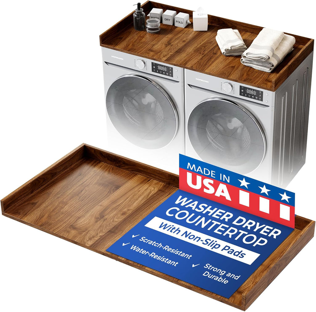 OfficeSimpli Washer Dryer Countertop, Made in USA, Non-Slip Pads, Laundry Room Wood Topper, Washer Dryer Cover for Top, Laundry Countertop, Laminate Finish (California Walnut, Standard (27.5' x 54'))