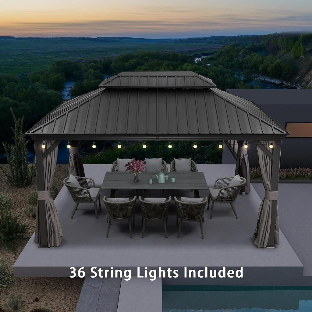 PURPLE LEAF 10' X 14' Gazebo with Metal Roof Patio Gazebo with Light for Outdoor Lawn and Garden Hardtop Grey
