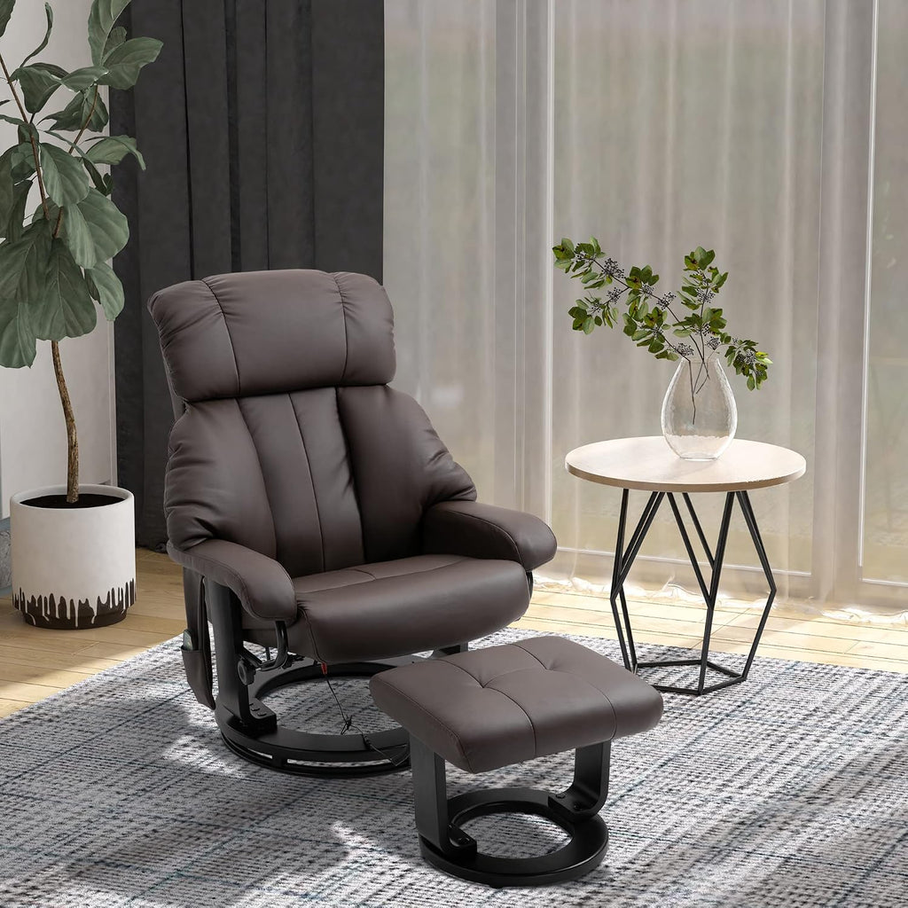 HOMCOM Massage Recliner Chair with Ottoman, 360° Swivel Recliner and Footstool, 10 Point Vibration, PU Leather Reclining Chair with Side Pocket and Remote Control, Brown