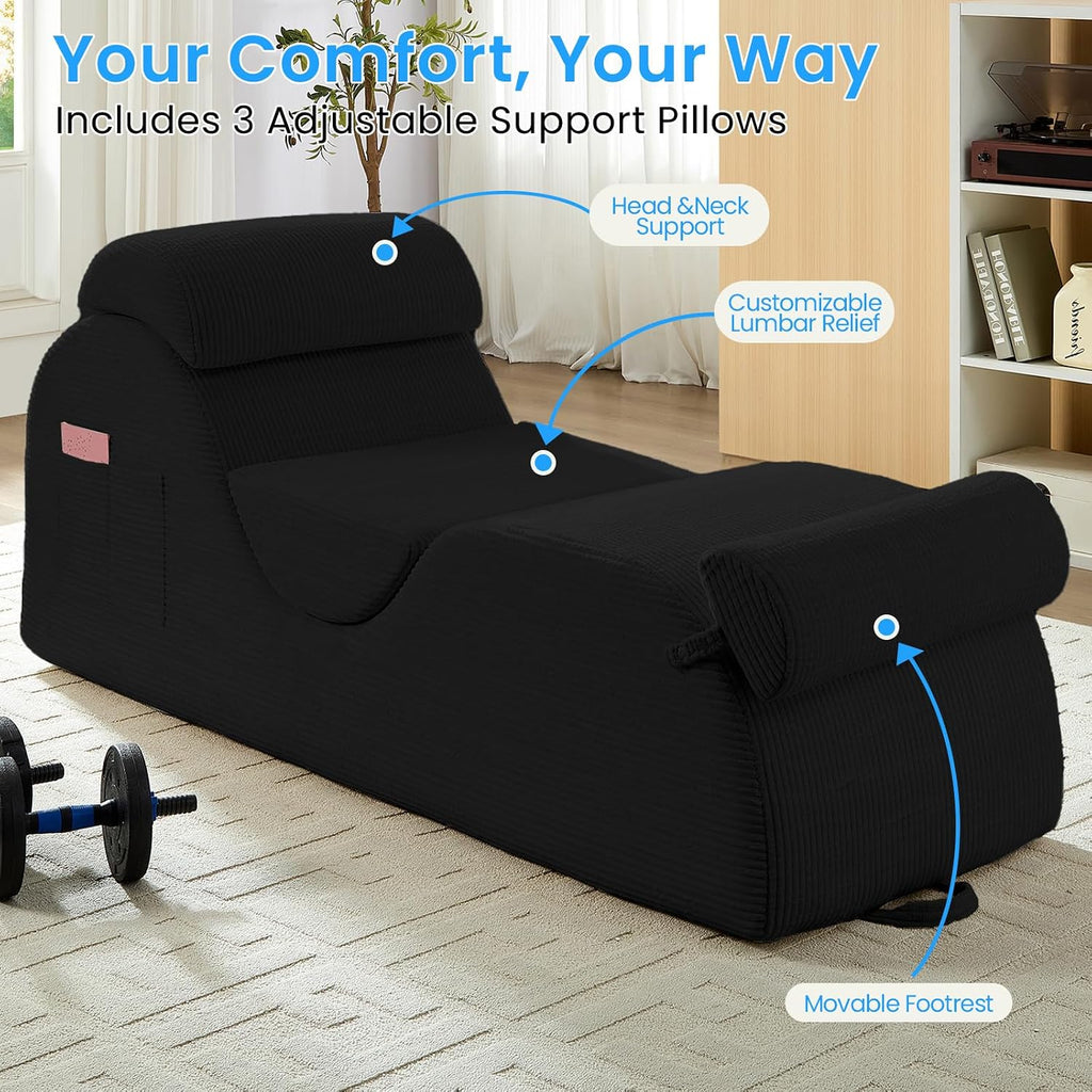 ijuicy 25' Wide Ergonomic Stretch Yoga Chair, Modern Floor Relax Chaise Lounge Chair with Adjustable Headrest, Waist Support Cushion, Movable Footrest & Side Pockets-Black
