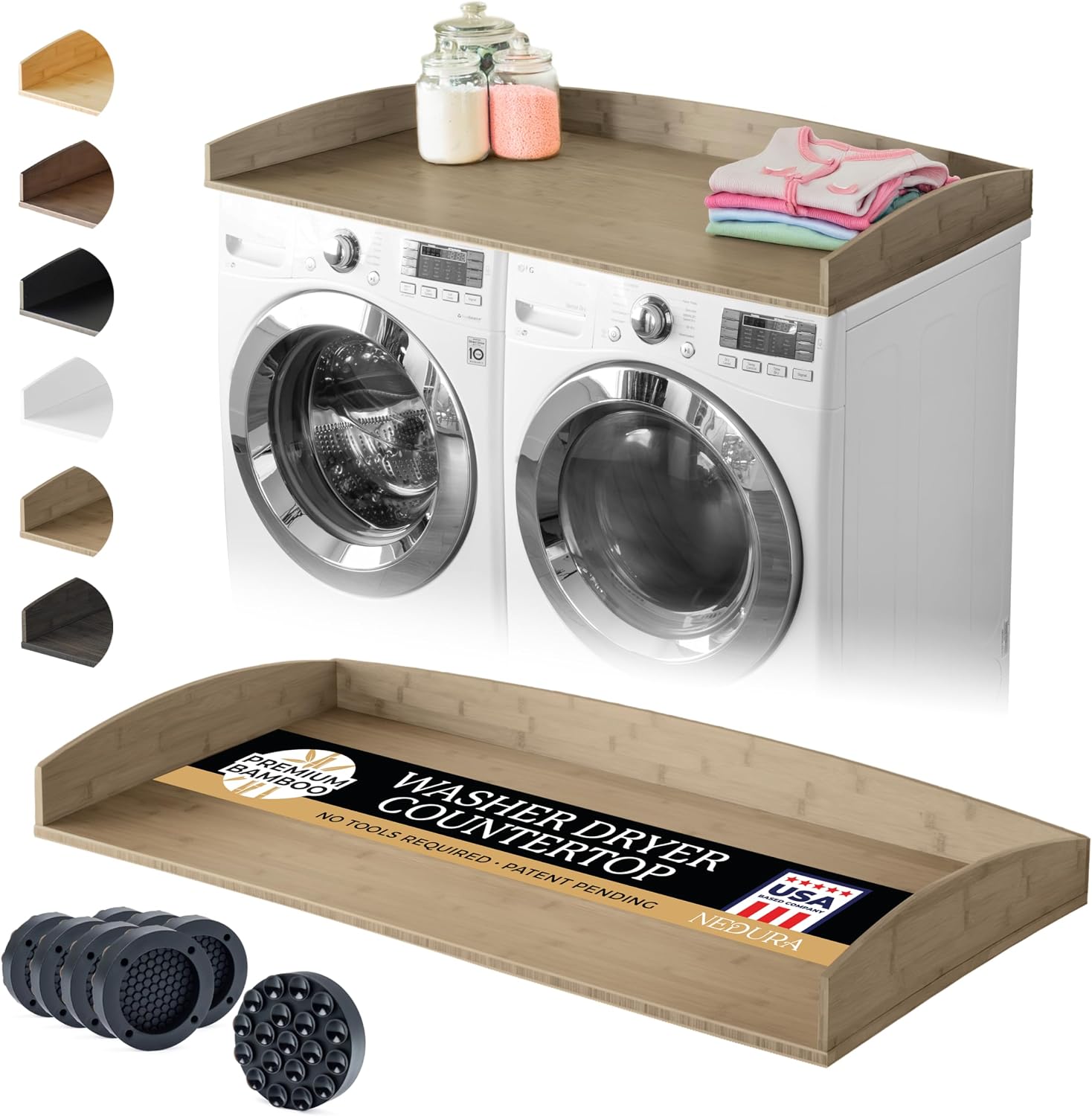 Nedura Washer Dryer Countertop w/Anti-Vibration Pads & Curved Edge Rails, Premium Bamboo Laundry Countertop, Washer Dryer Topper, Laundry Room Organization, Laundry Room Accessory - Driftwood