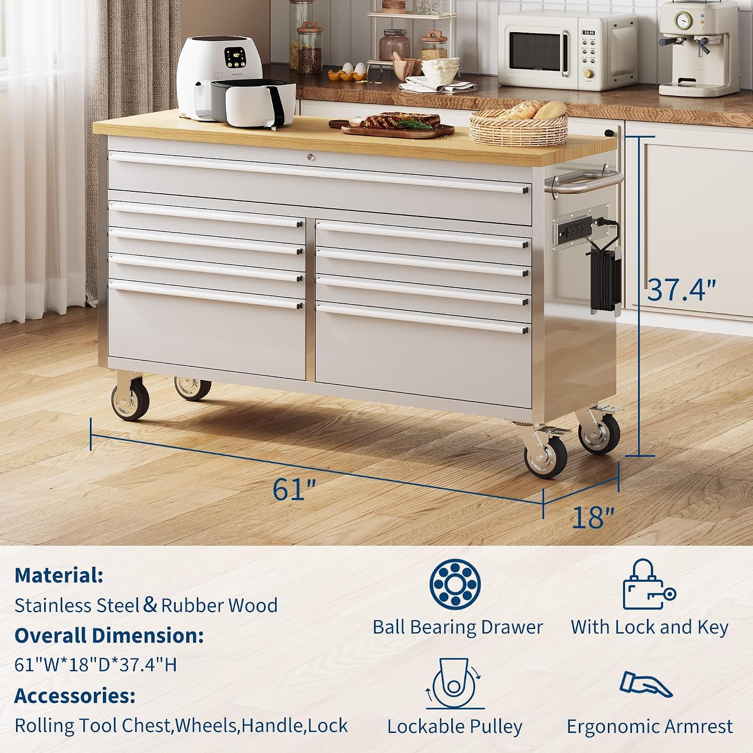 61'' Rolling Tool Chest with 9 Drawers and Wheels, Heavy-Duty Tool Cabinet, Mobile Workbench for Garage, Repair Shop and Tool Room, Stainless Steel Storage, Silver