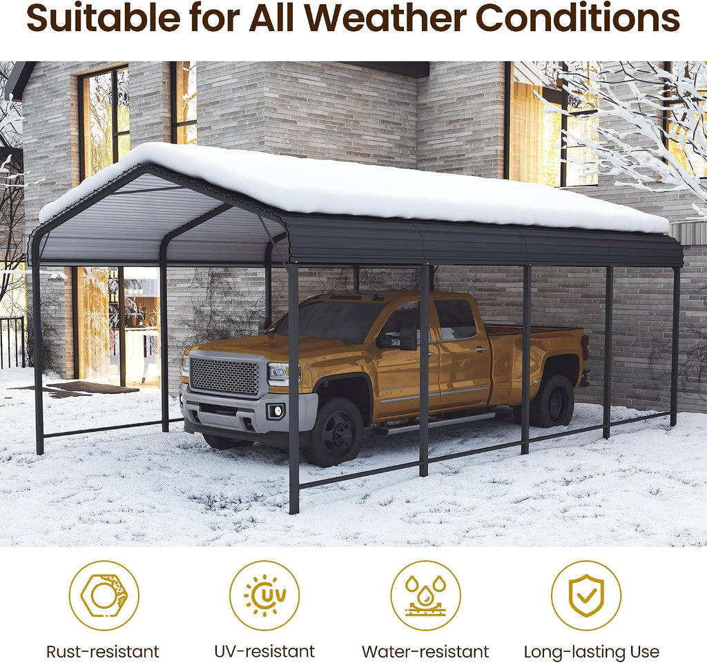 12x20FT Metal Carport, 335LBS Heavy Duty Carport Canopy with Galvanized Steel Roof, 40% Thicker Frame Metal Garage with Reinforced Base, All-Weather Outdoor Storage Car Port for Car, Camping