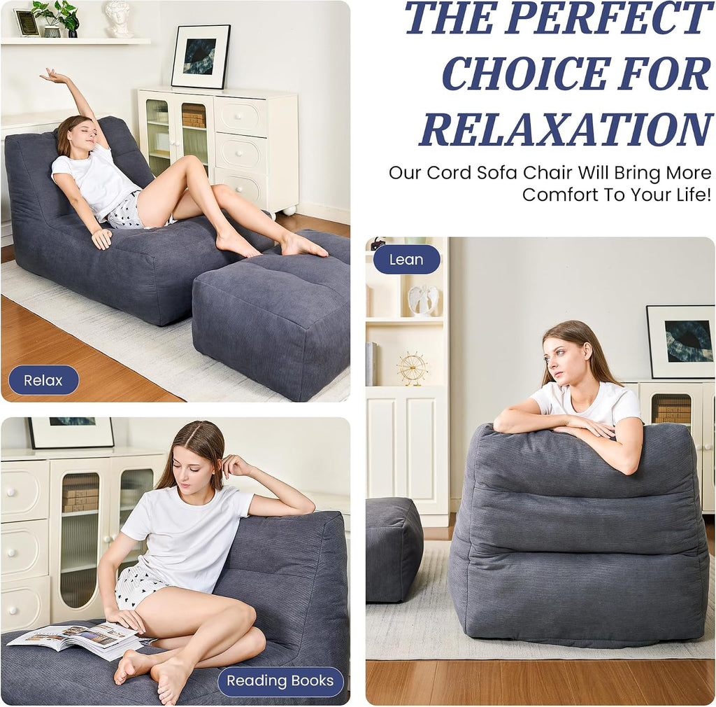 Bean Bag Chair with Ottoman, Giant Bean Bag Chairs for Adults with Memory Foam, Comfy Bean Bag Sofa for Bedroom, Lounge Beanbag of Reading and Gaming with Filler Included(Gray)