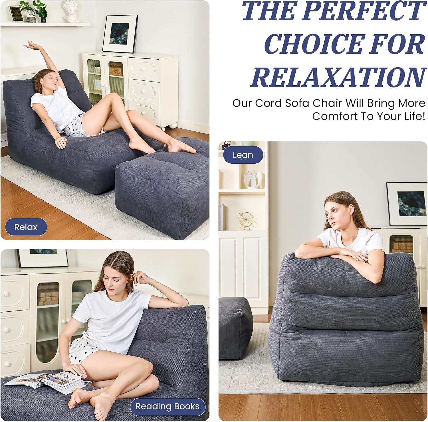 Bean Bag Chair with Ottoman, Giant Bean Bag Chairs for Adults with Memory Foam, Comfy Bean Bag Sofa for Bedroom, Lounge Beanbag of Reading and Gaming with Filler Included(Gray)