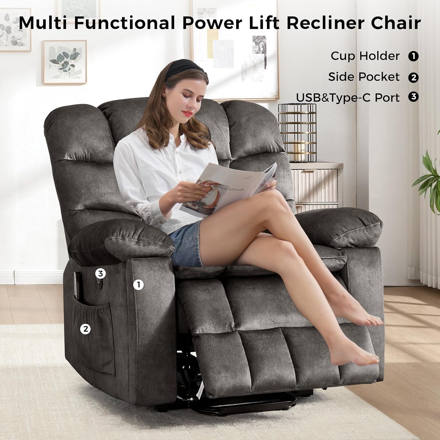 IOMOR Power Lift Recliner Chair for Elderly with Vibration Massage and Lumbar Heating, Overstuffed Electric Lift Chair with 2 Side Pockets and Cup Holders, USB & Type-C for Living Room, Dark Gray