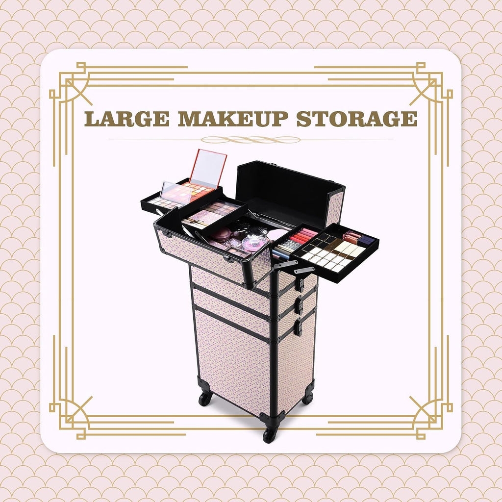 BYOOTIQUE 4in1 Rolling Makeup Case Cosmetology Case on Wheels,Large Capacity Easy Access Cosmetic Organizer Travel Case for Makeup Artist Hairstylist,Art Deco Tyrian