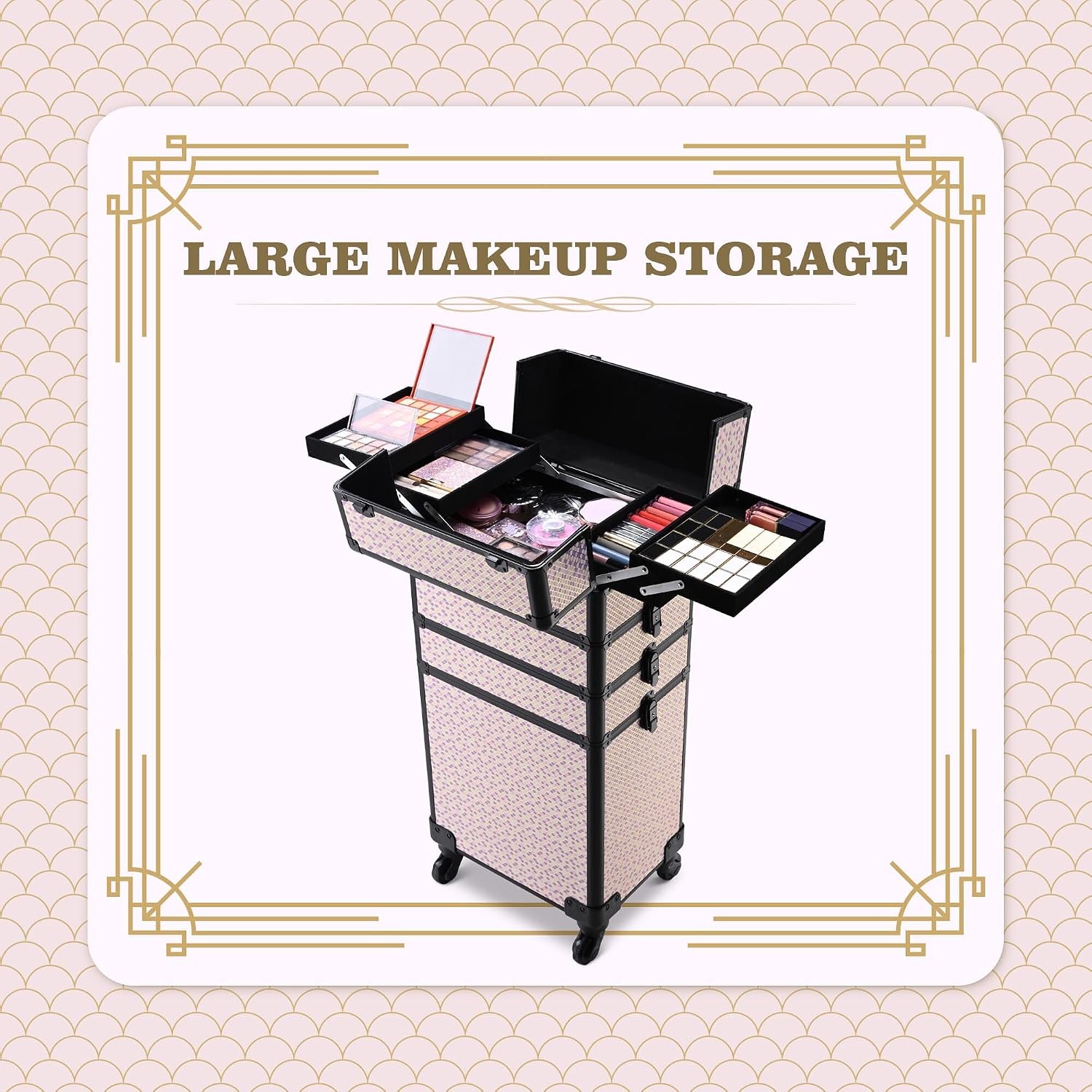 BYOOTIQUE 4in1 Rolling Makeup Case Cosmetology Case on Wheels,Large Capacity Easy Access Cosmetic Organizer Travel Case for Makeup Artist Hairstylist,Art Deco Tyrian