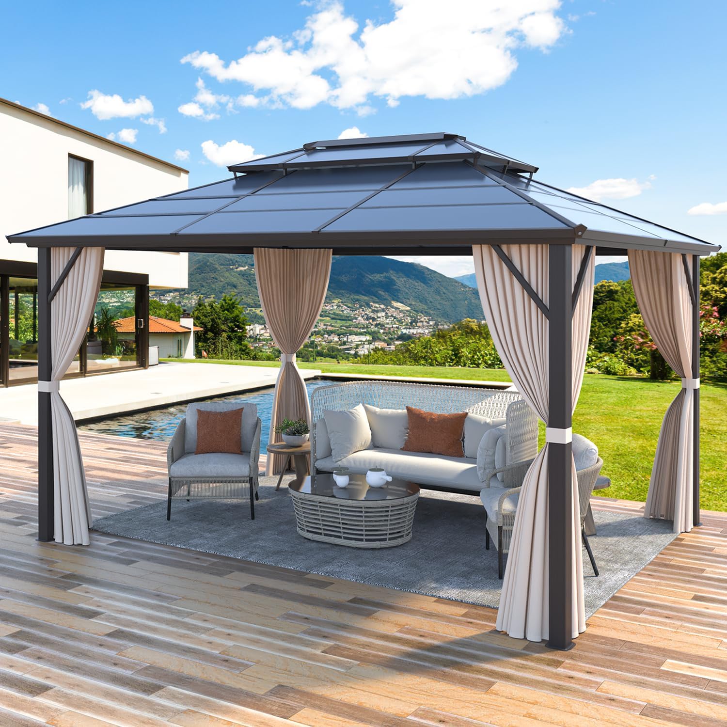 MELLCOM 10 x 13ft Hardtop Gazebo, Polycarbonate Double Roof Aluminum Gazebo, Outdoor Waterproof Canopy with Netting and Curtains for Backyard, Deck, Patio