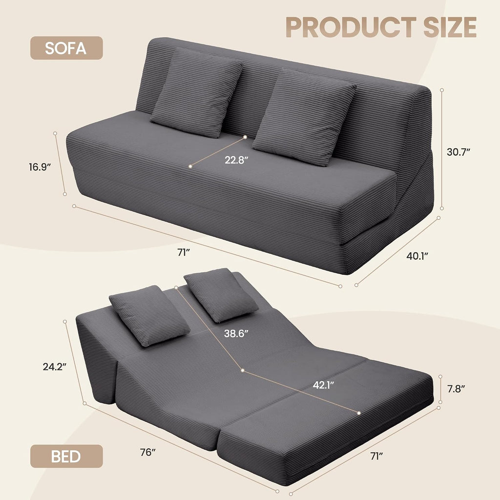 Folding Sofa Bed, Convertible Sleeper Chair with Pillows, High Support Memory Foam & Soft Corduroy Fbric, Comfy Couch Bed, Floor Loveseat Couch for Living Room, Apartment, Guest Room,Grey