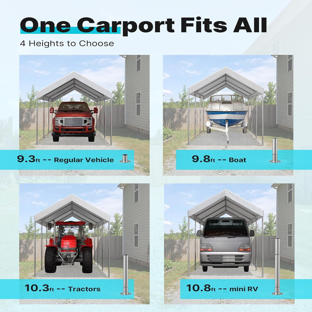 ADVANCE OUTDOOR 10x20 ft Heavy Duty Carport Potable Car Canopy Garage Party Tent Boat Shelter, Adjustable Height from 9.5 ft to 11 ft, White